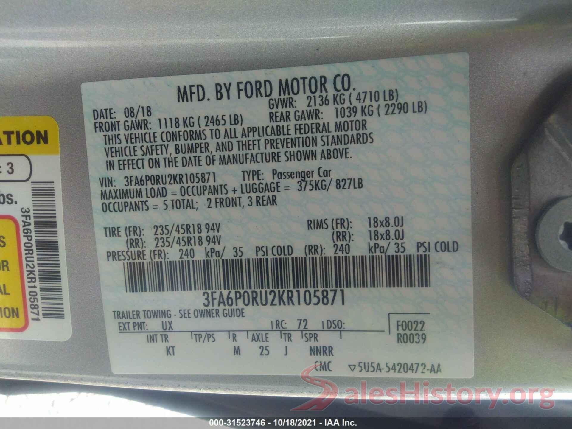 3FA6P0RU2KR105871 2019 FORD FUSION HYBRID