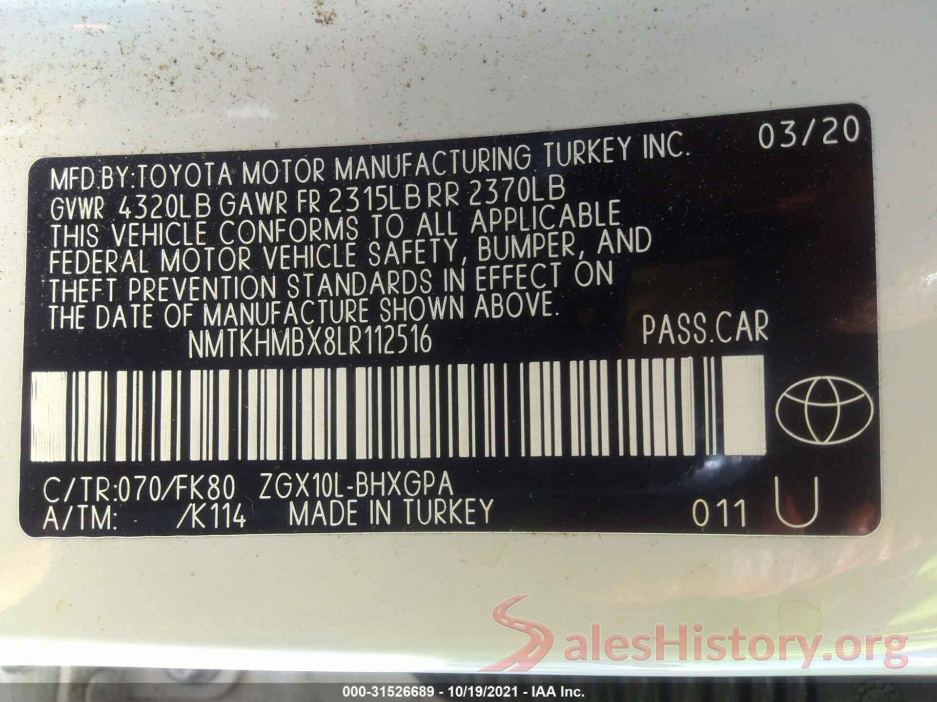 NMTKHMBX8LR112516 2020 TOYOTA C-HR