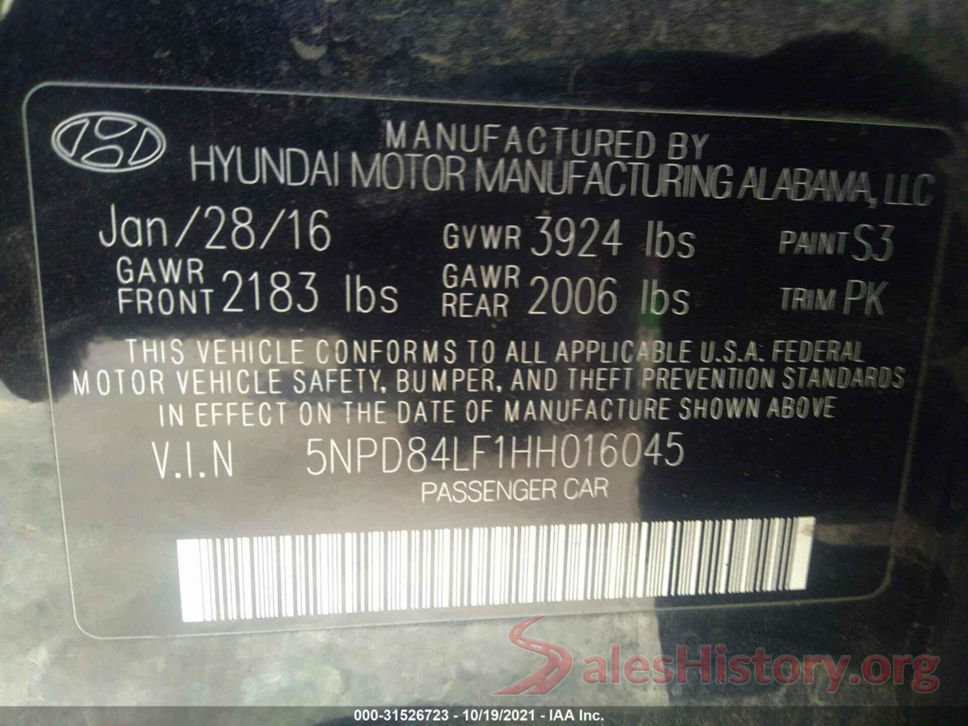 5NPD84LF1HH016045 2017 HYUNDAI ELANTRA