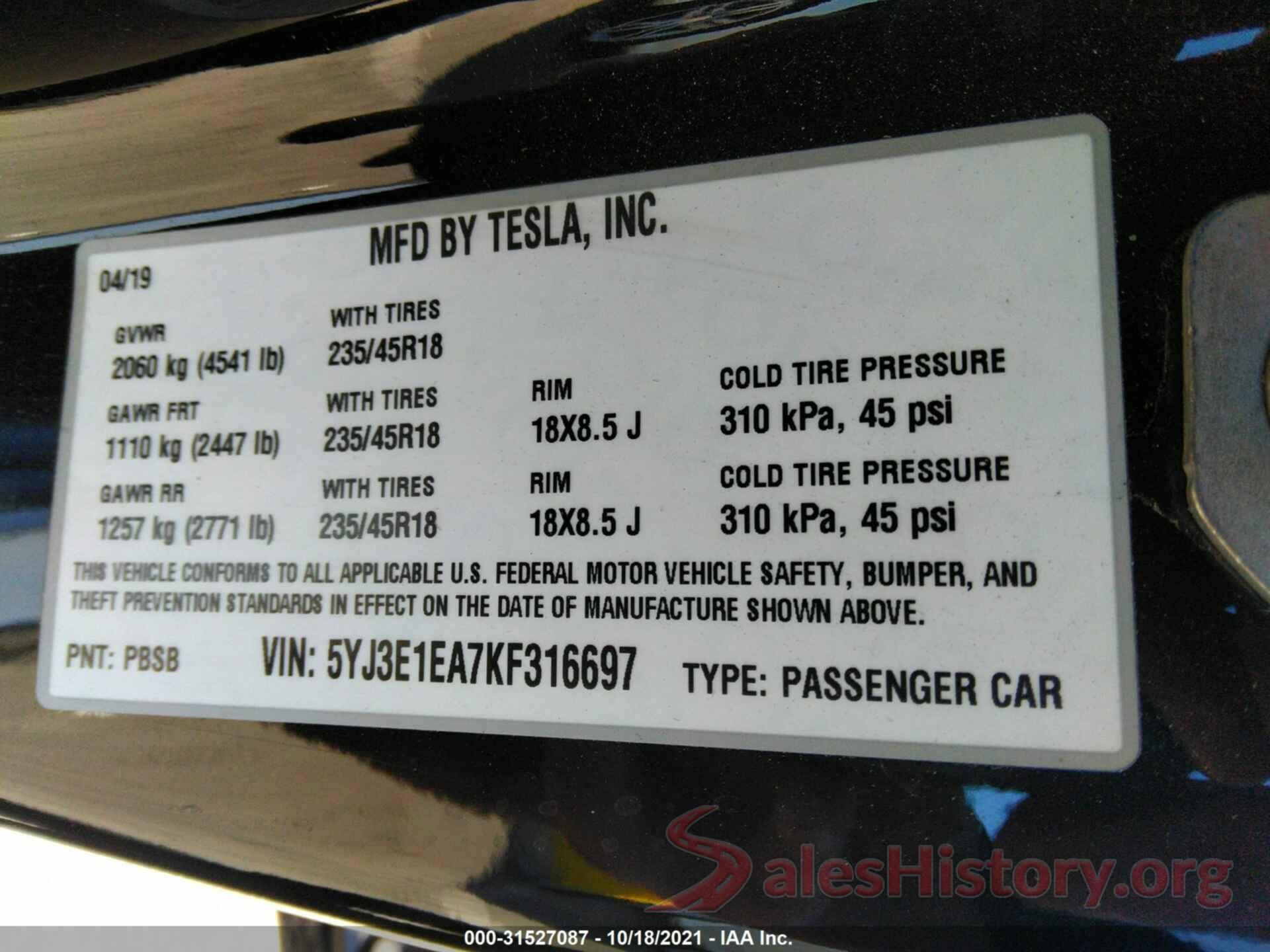 5YJ3E1EA7KF316697 2019 TESLA MODEL 3