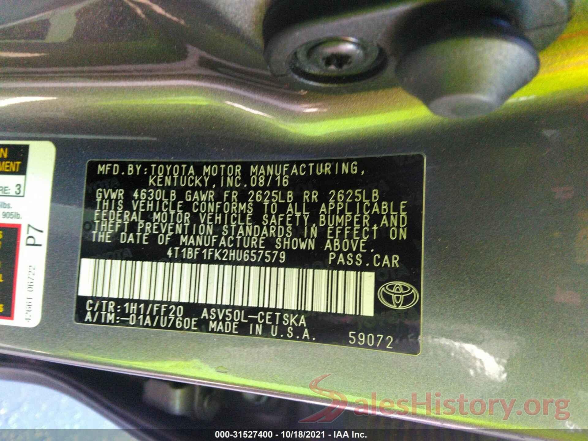 4T1BF1FK2HU657579 2017 TOYOTA CAMRY