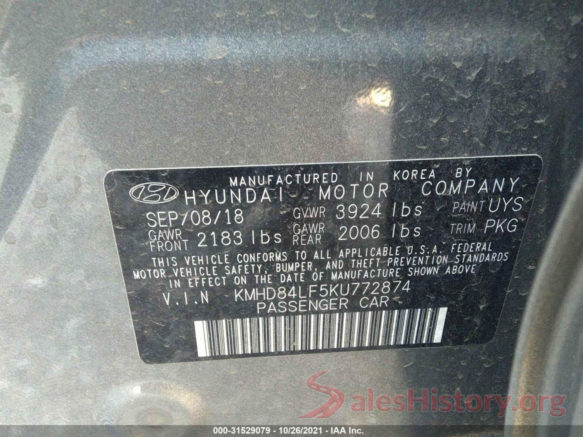 KMHD84LF5KU772874 2019 HYUNDAI ELANTRA