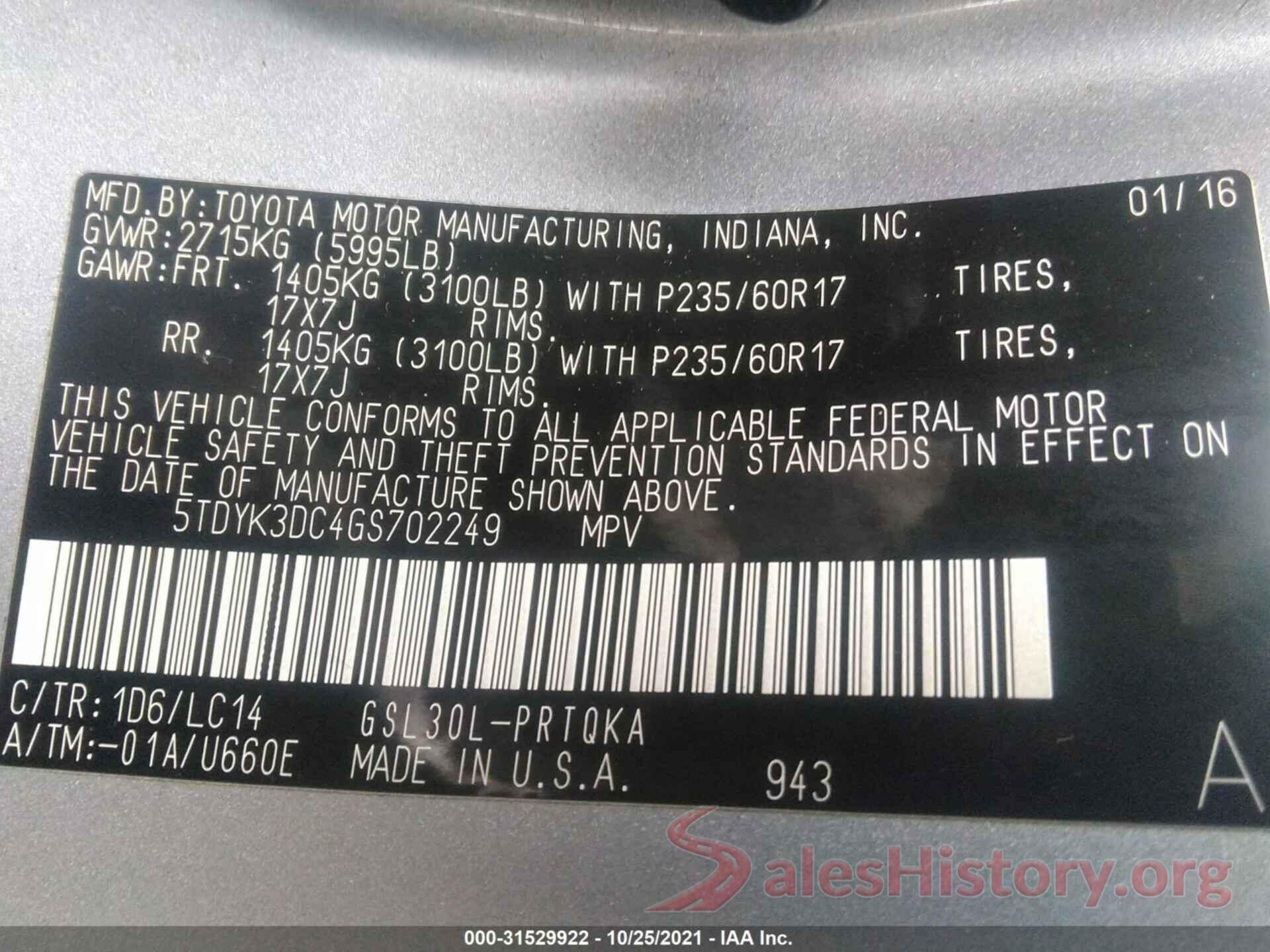 5TDYK3DC4GS702249 2016 TOYOTA SIENNA