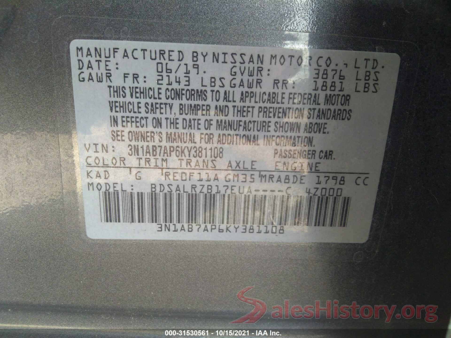 3N1AB7AP6KY381108 2019 NISSAN SENTRA