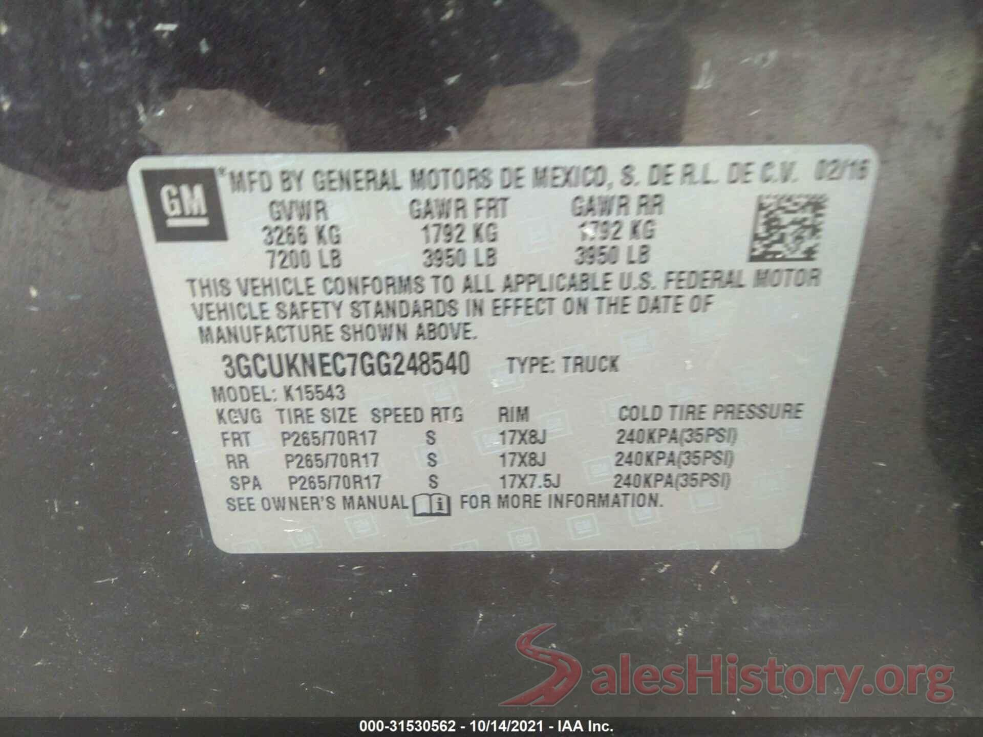 3GCUKNEC7GG248540 2016 CHEVROLET SILVERADO 1500