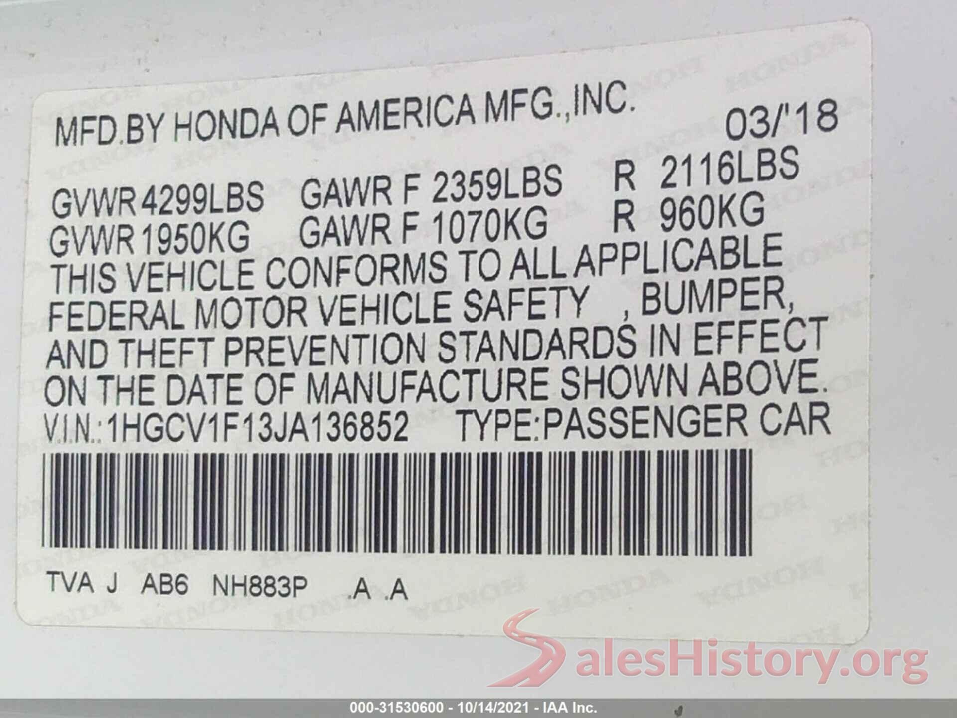 1HGCV1F13JA136852 2018 HONDA ACCORD SEDAN