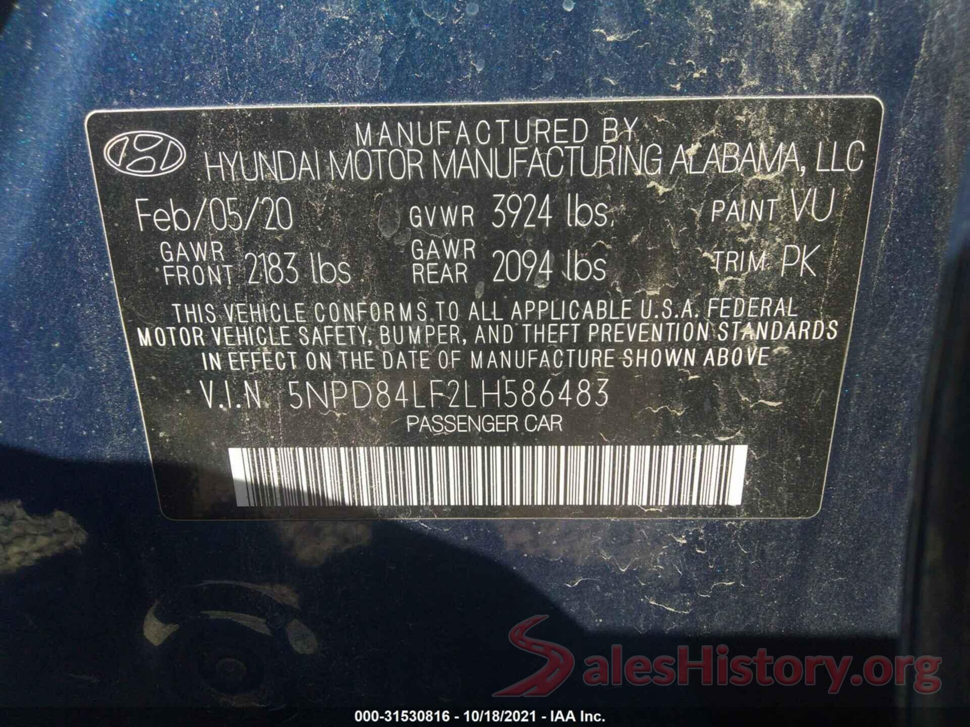 5NPD84LF2LH586483 2020 HYUNDAI ELANTRA