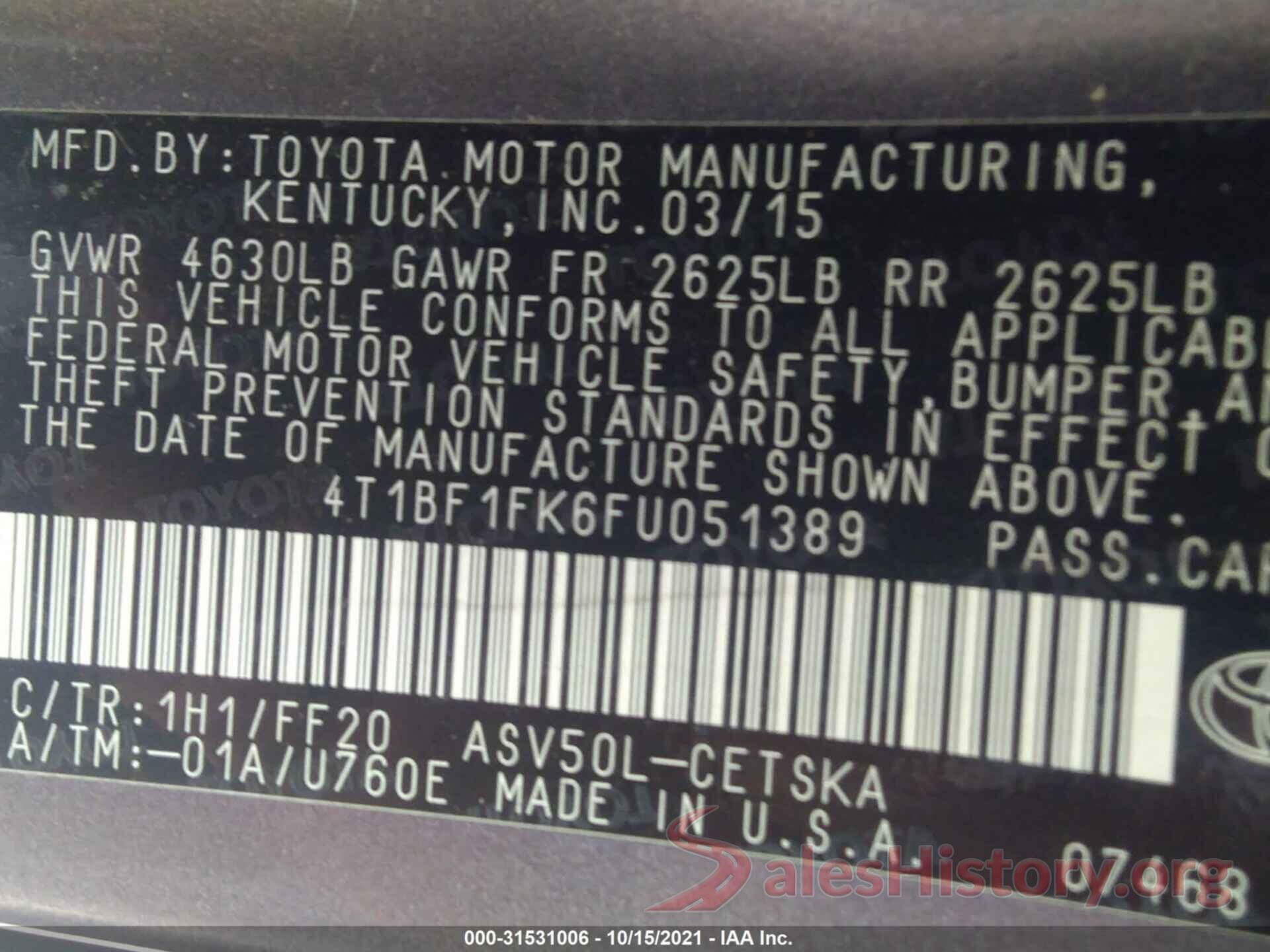 4T1BF1FK6FU051389 2015 TOYOTA CAMRY