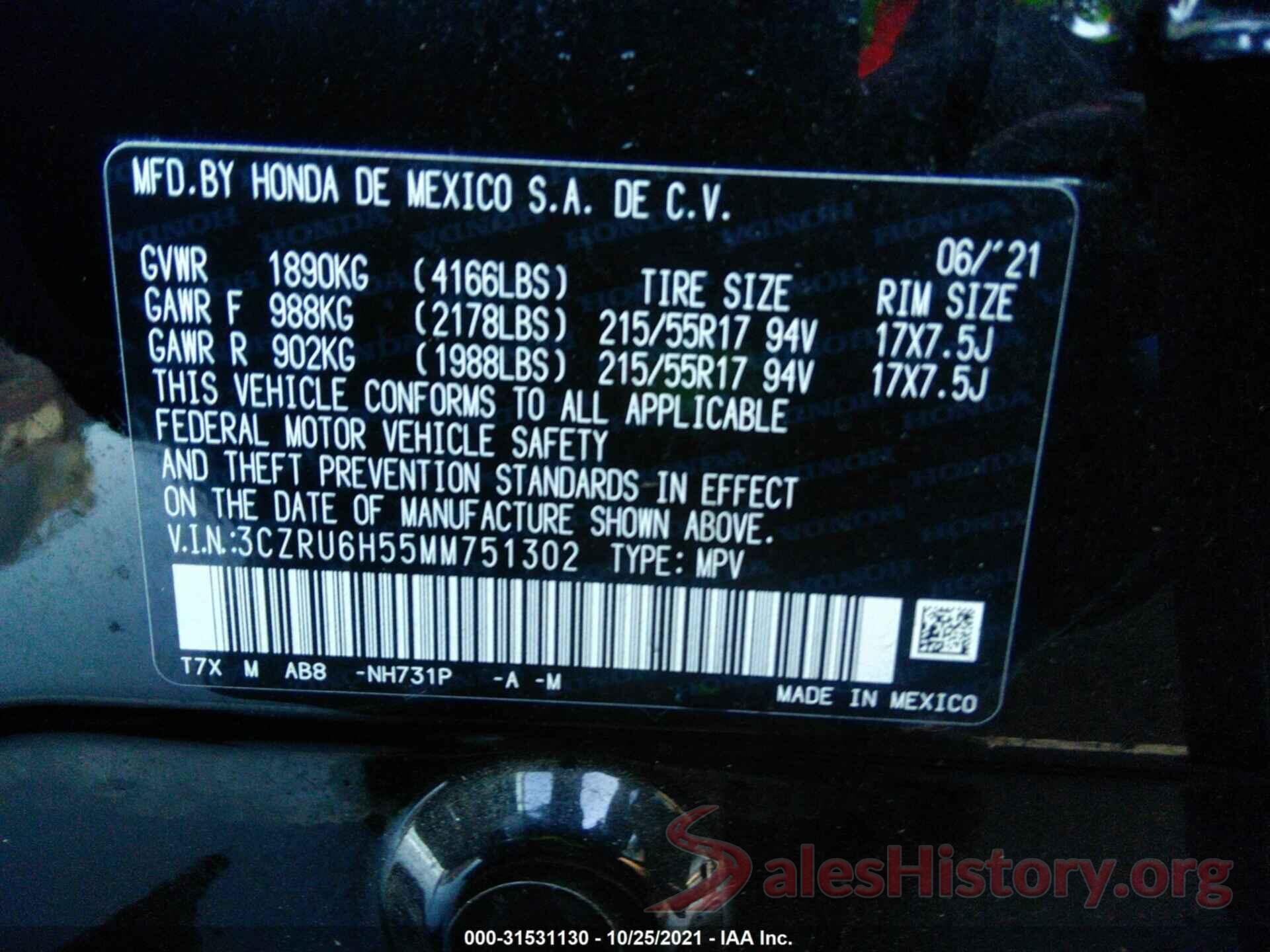 3CZRU6H55MM751302 2021 HONDA HR-V