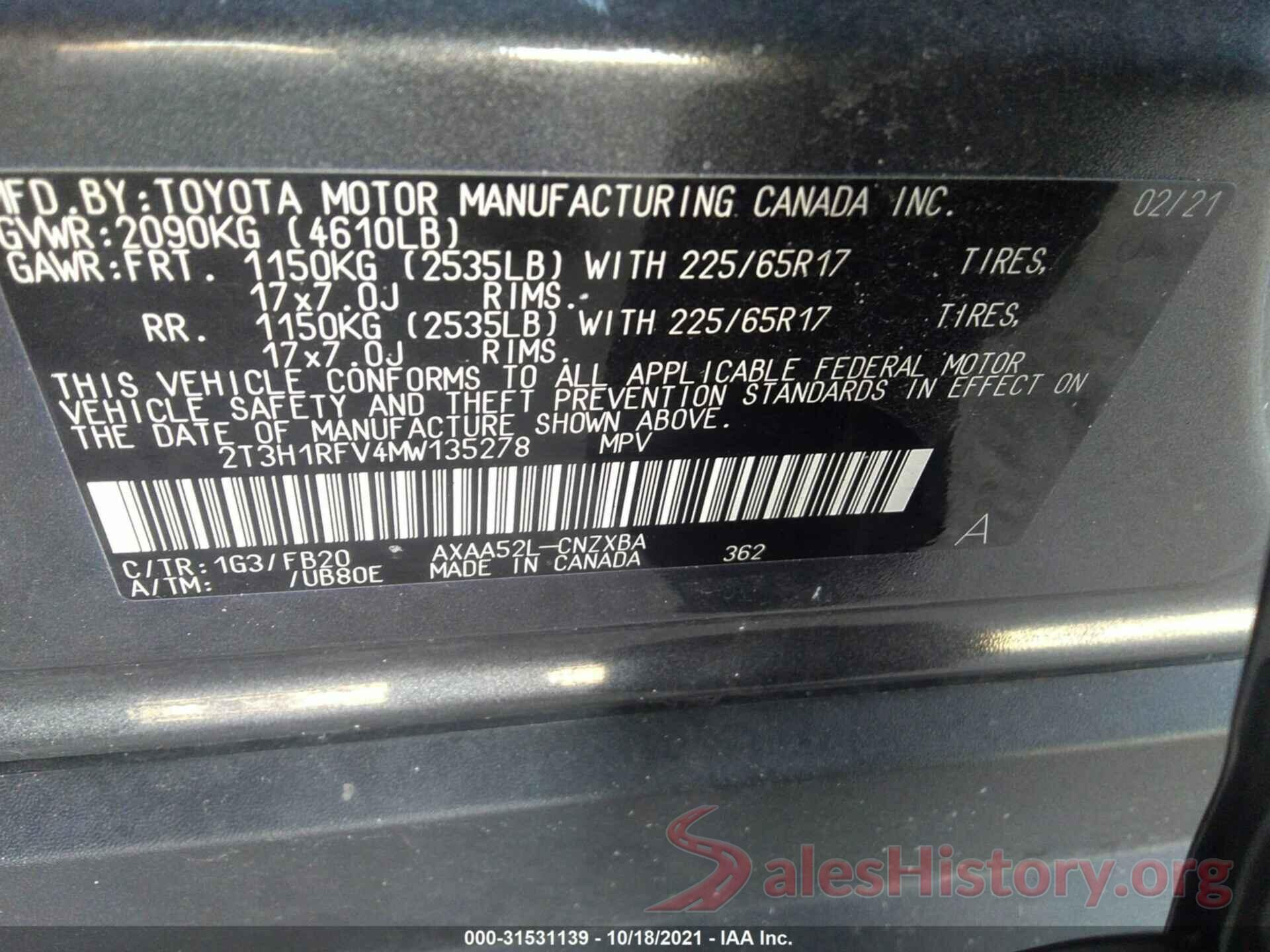 2T3H1RFV4MW135278 2021 TOYOTA RAV4