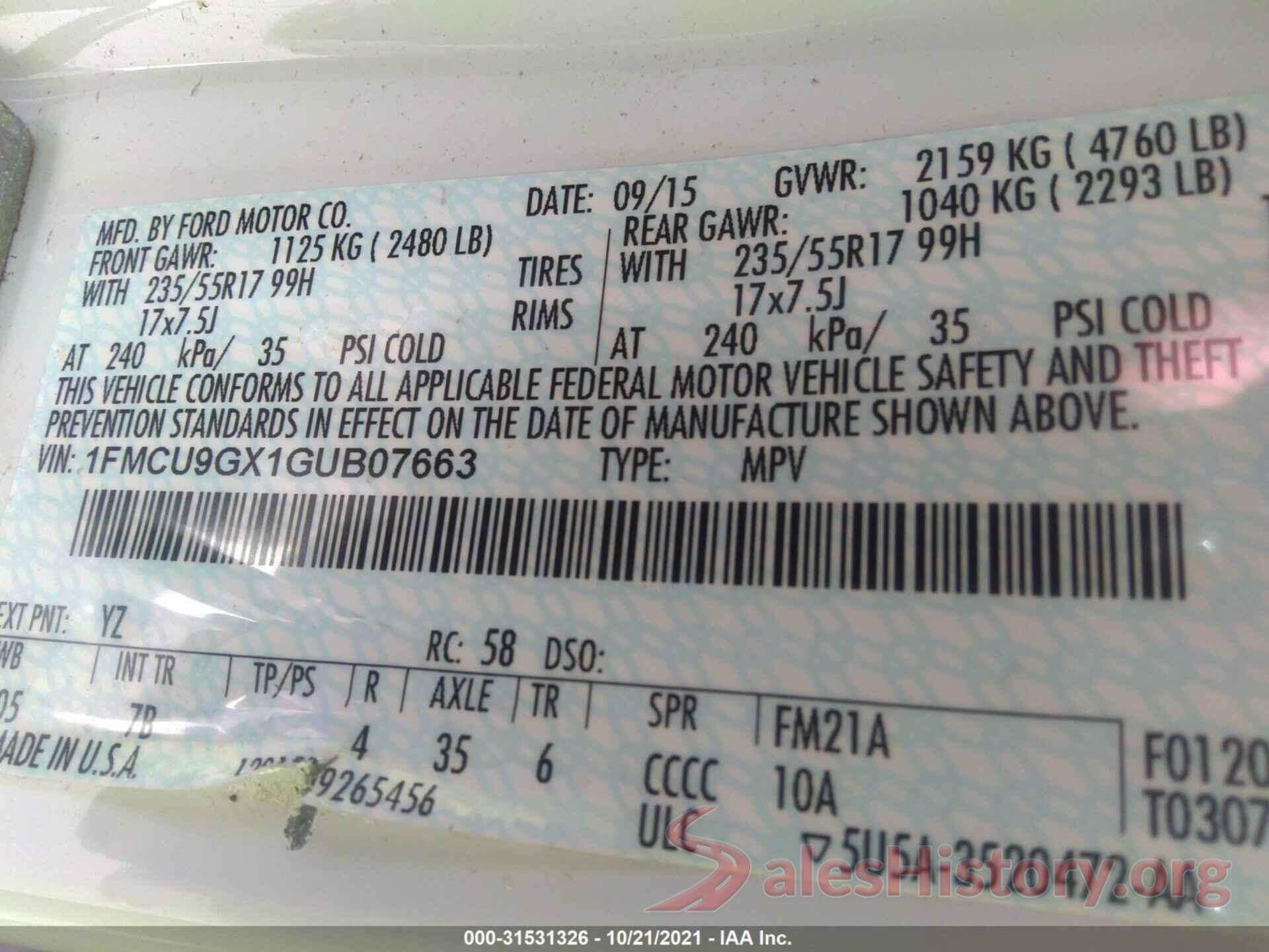 1FMCU9GX1GUB07663 2016 FORD ESCAPE