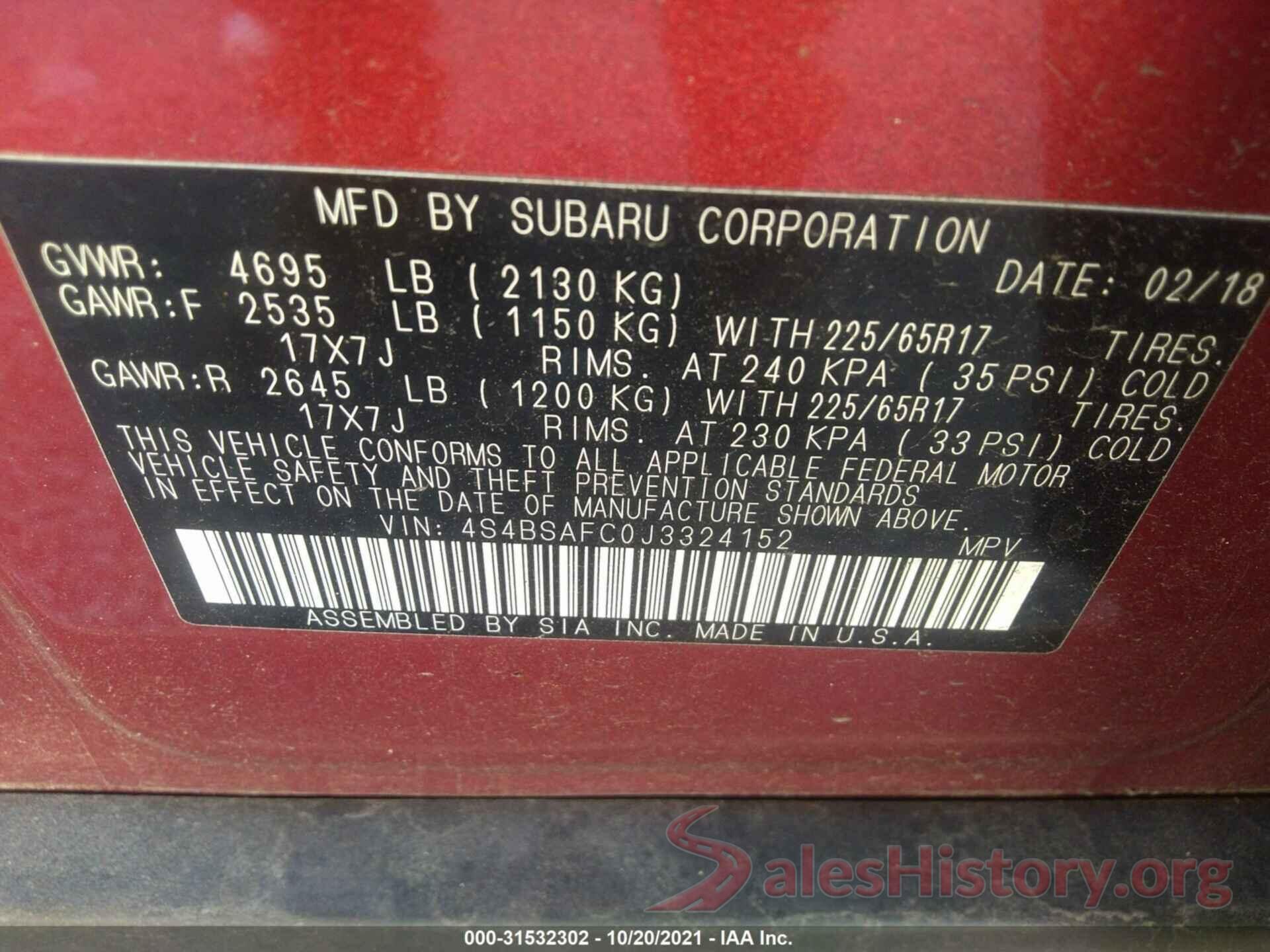 4S4BSAFC0J3324152 2018 SUBARU OUTBACK