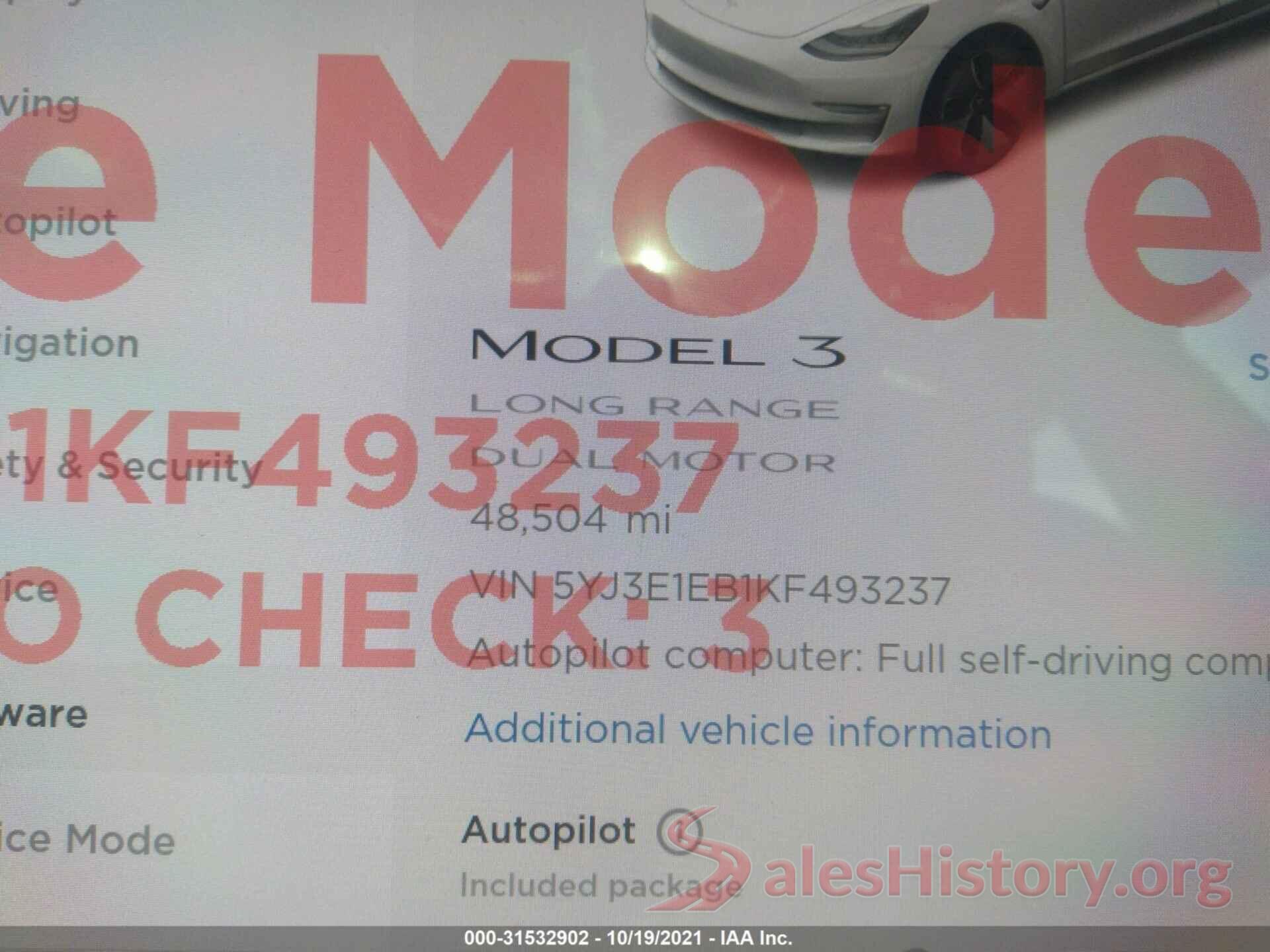 5YJ3E1EB1KF493237 2019 TESLA MODEL 3