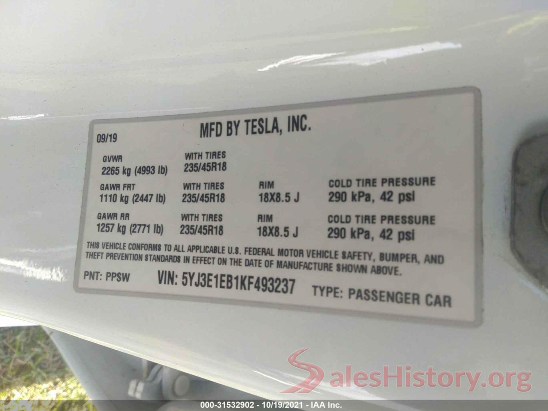 5YJ3E1EB1KF493237 2019 TESLA MODEL 3