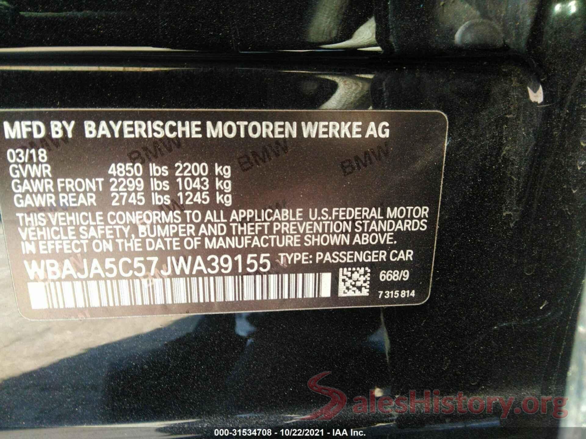 WBAJA5C57JWA39155 2018 BMW 5 SERIES