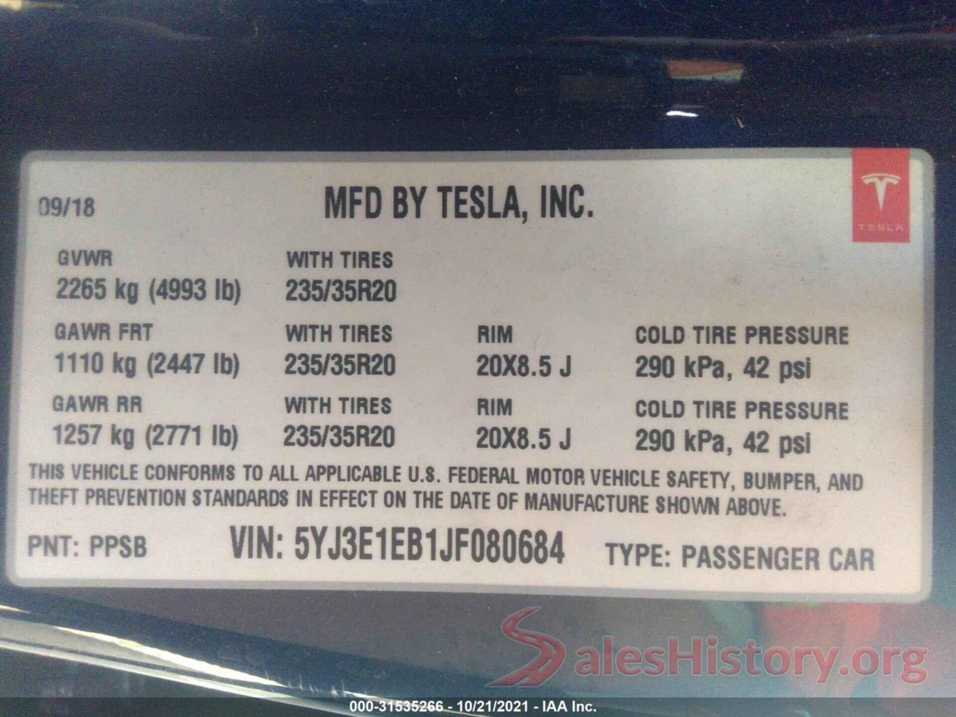 5YJ3E1EB1JF080684 2018 TESLA MODEL 3