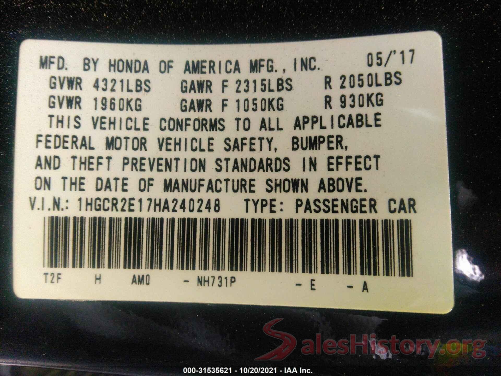 1HGCR2E17HA240248 2017 HONDA ACCORD SEDAN