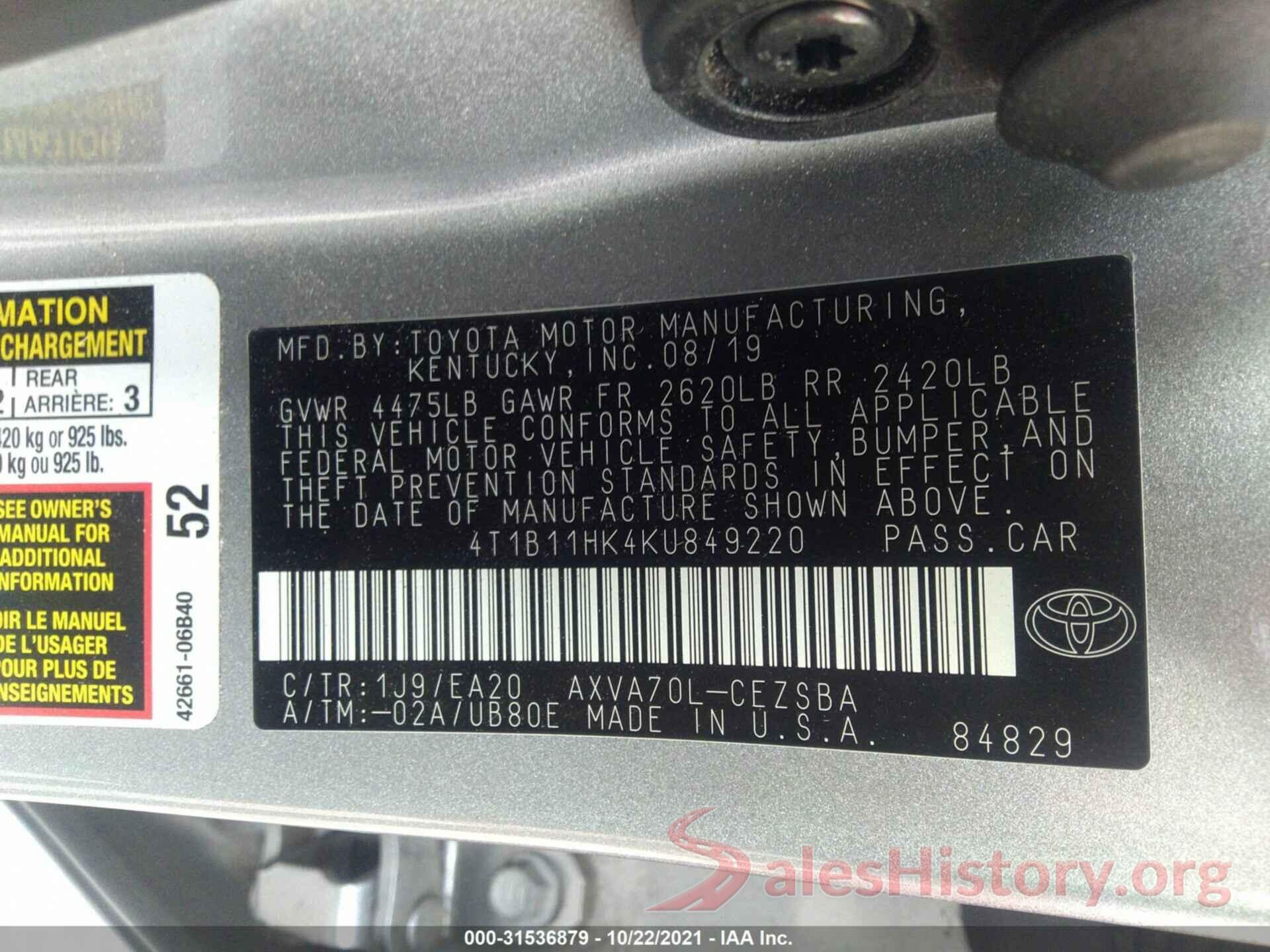 4T1B11HK4KU849220 2019 TOYOTA CAMRY