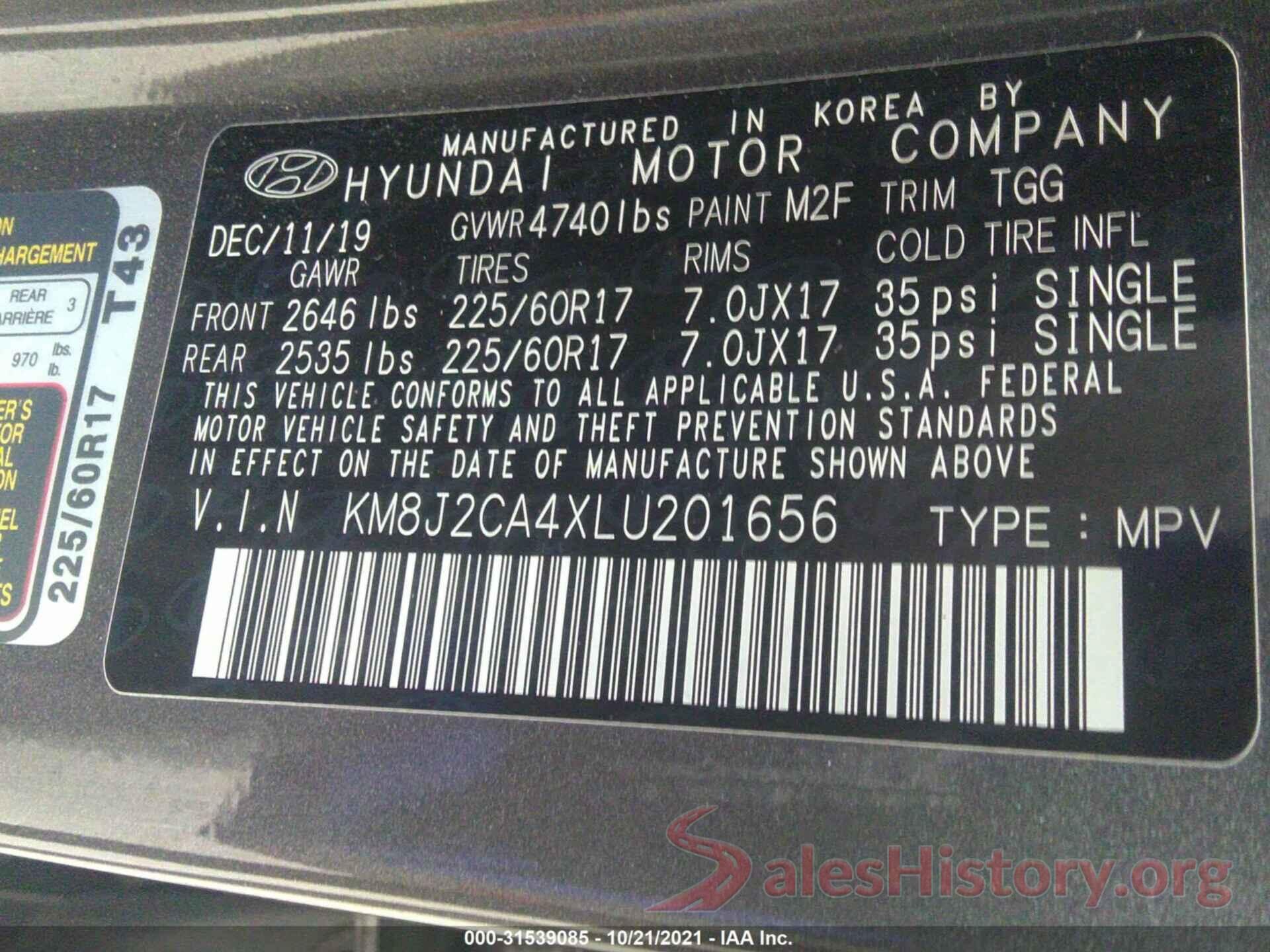 KM8J2CA4XLU201656 2020 HYUNDAI TUCSON