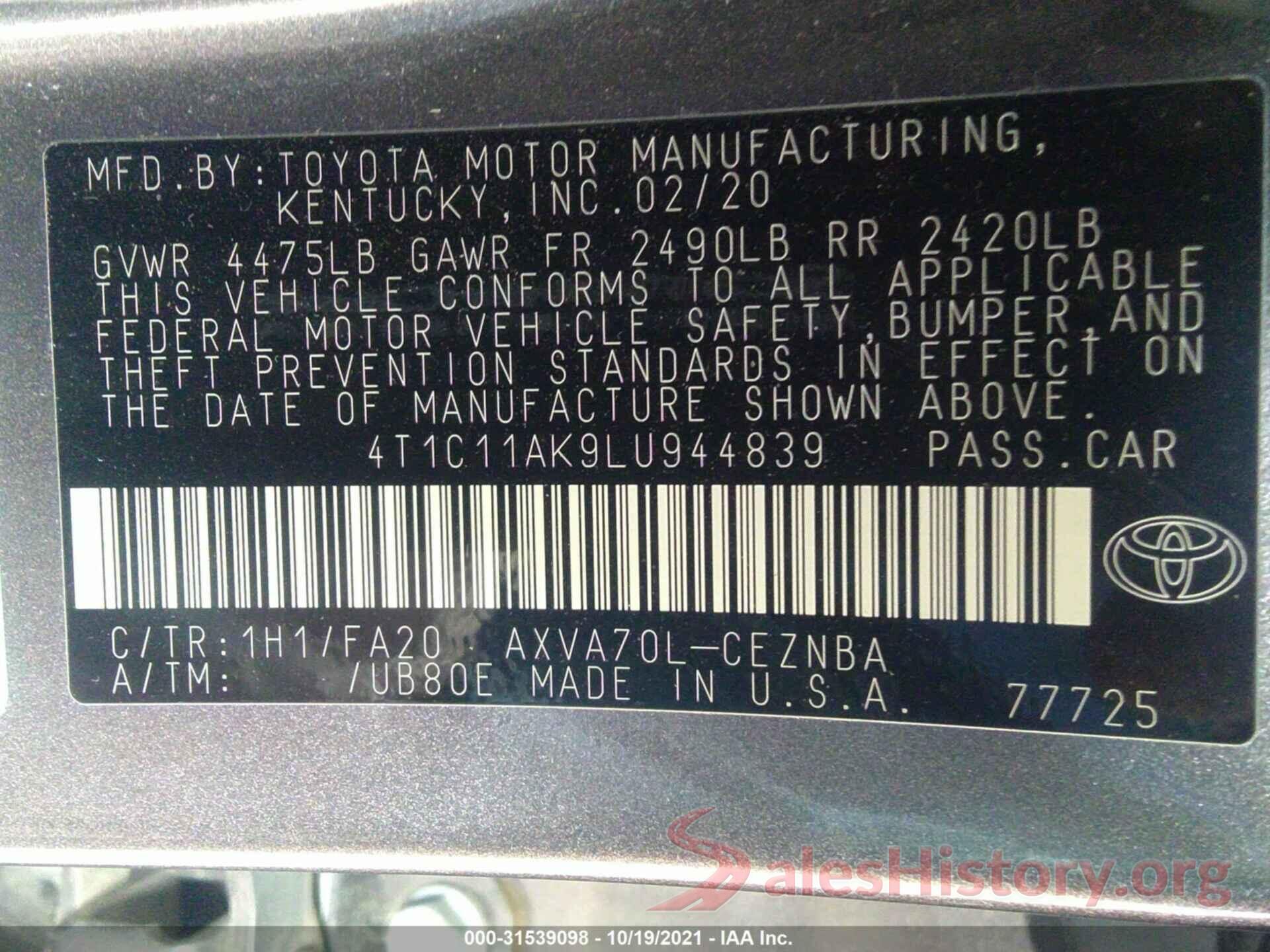 4T1C11AK9LU944839 2020 TOYOTA CAMRY