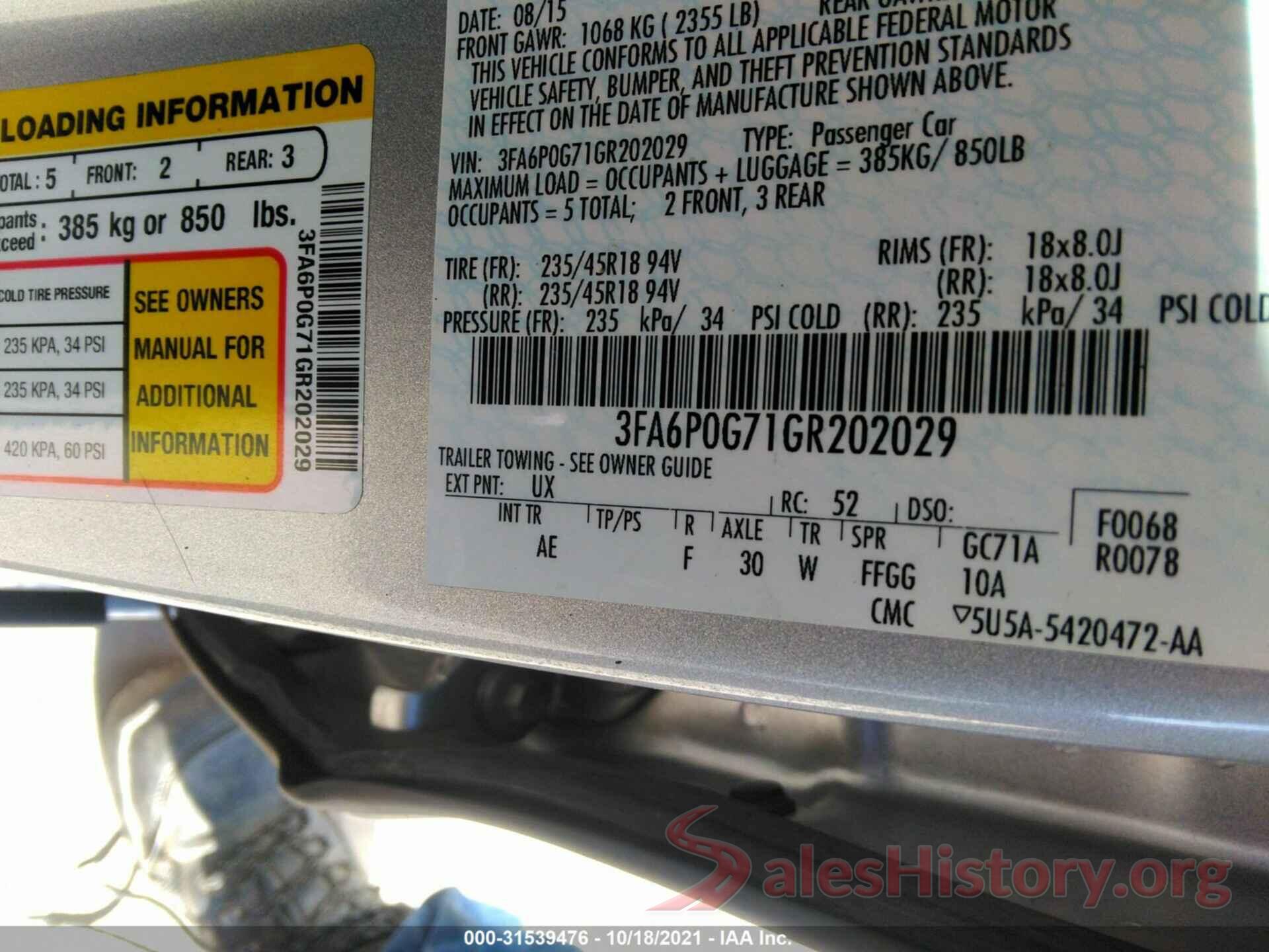 3FA6P0G71GR202029 2016 FORD FUSION