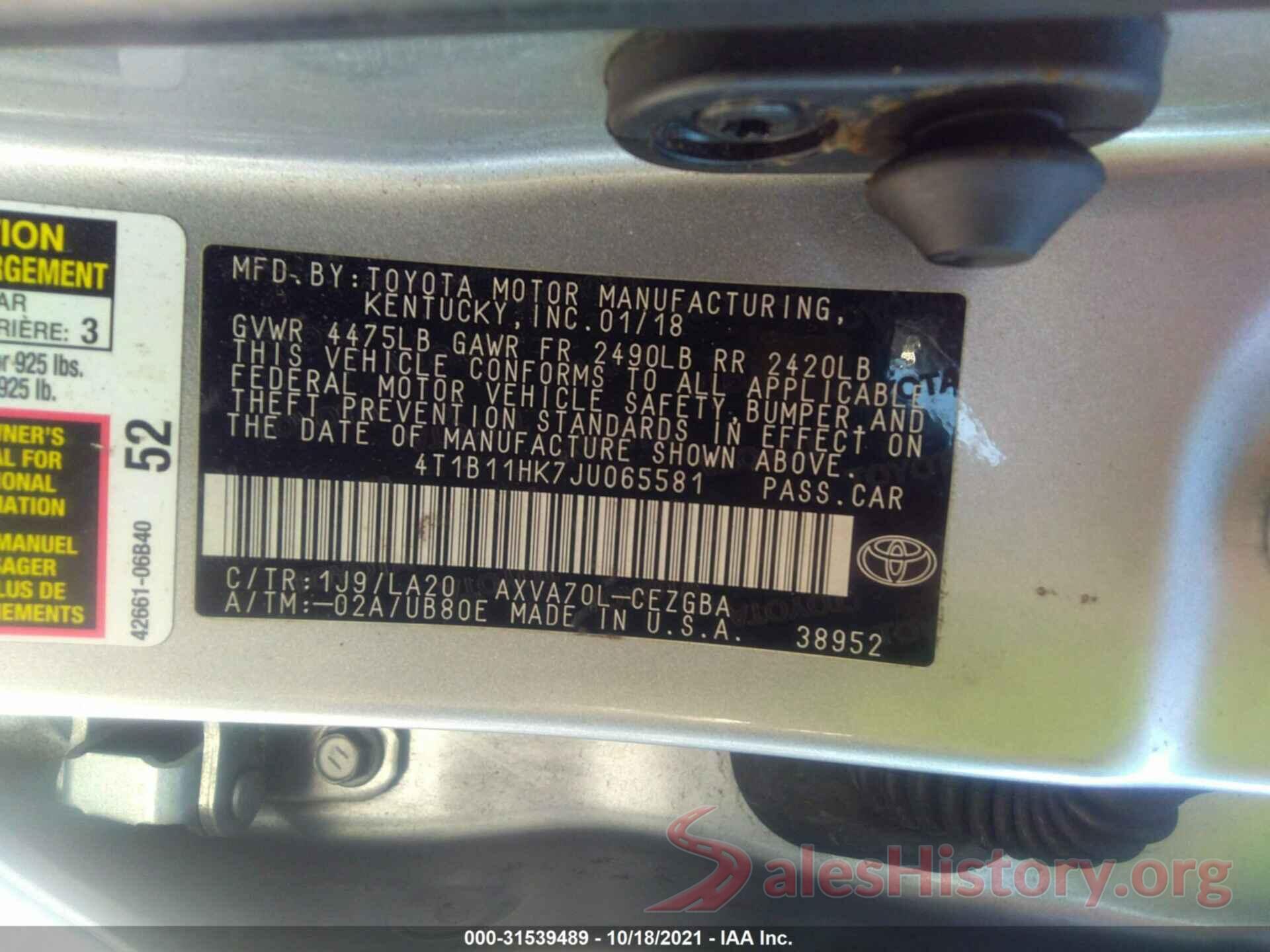 4T1B11HK7JU065581 2018 TOYOTA CAMRY