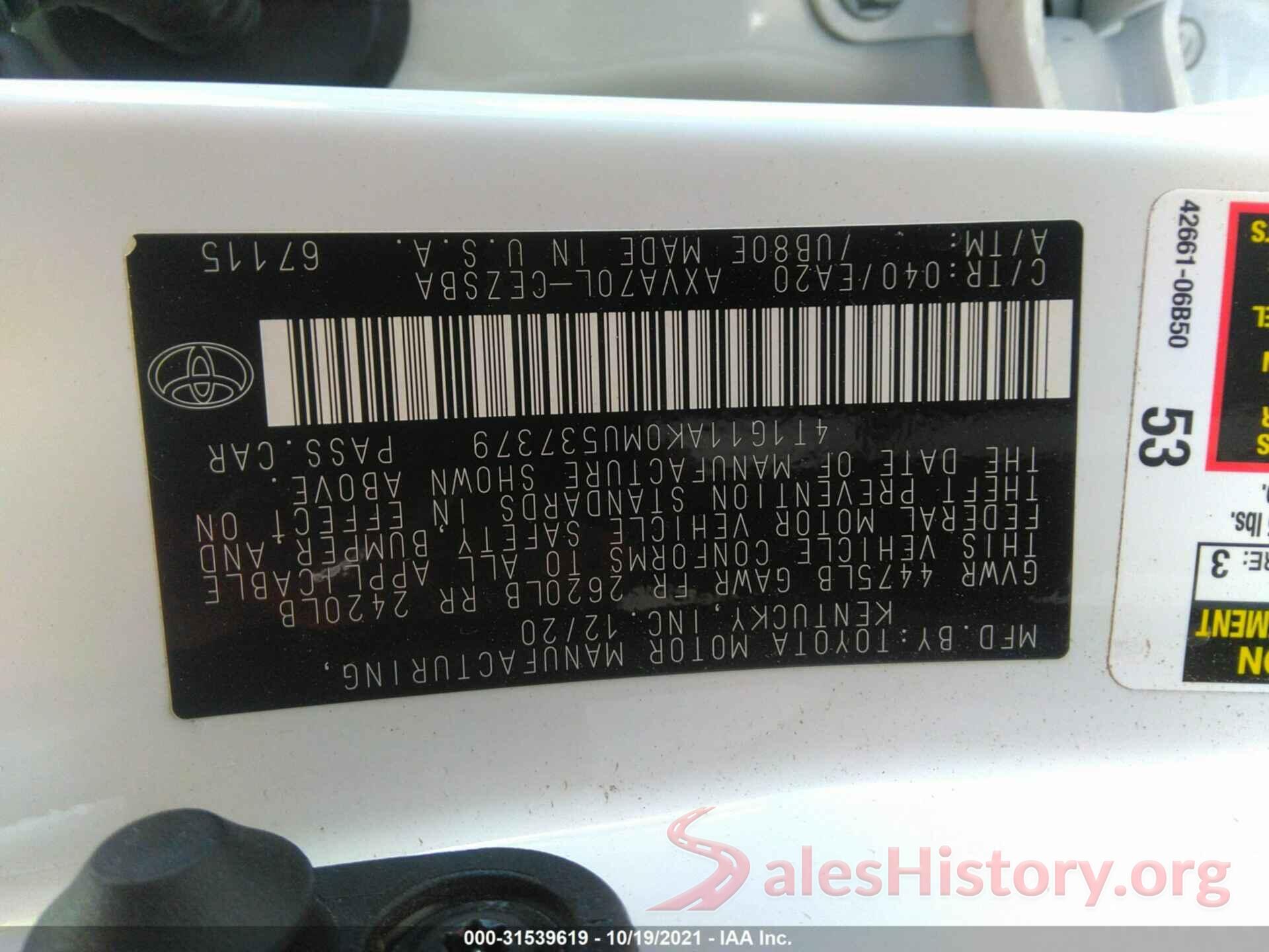 4T1G11AK0MU537379 2021 TOYOTA CAMRY