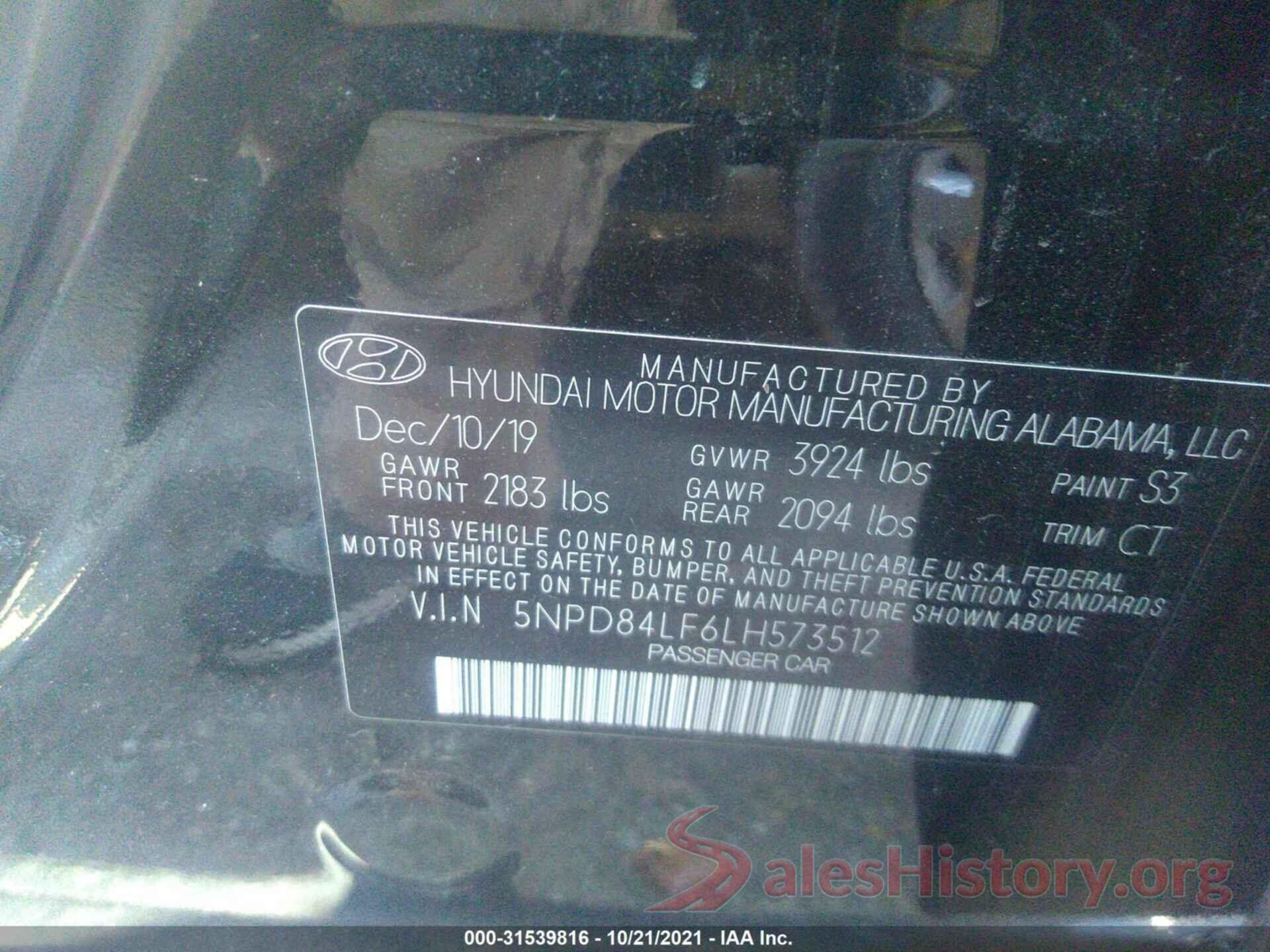 5NPD84LF6LH573512 2020 HYUNDAI ELANTRA