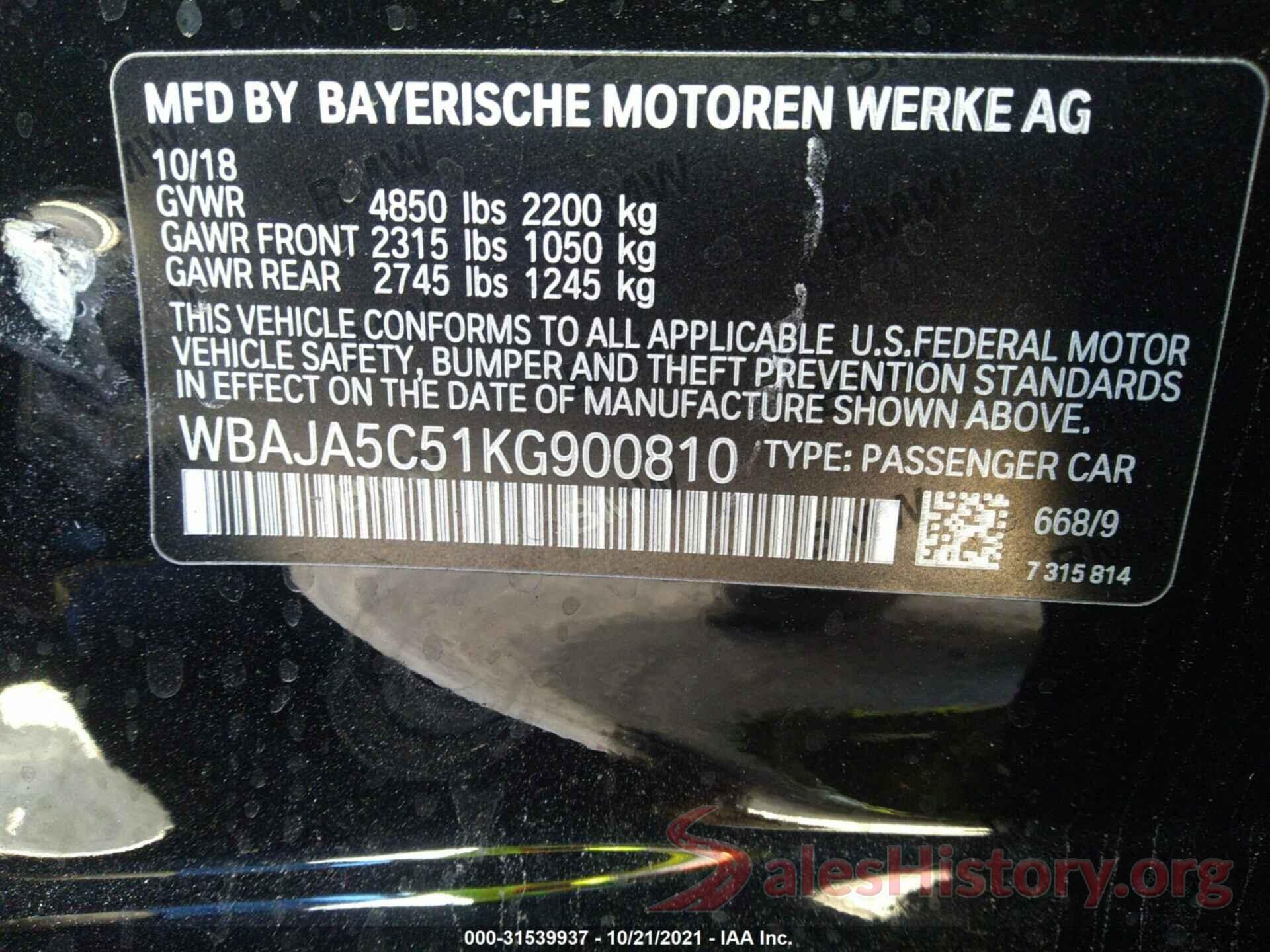 WBAJA5C51KG900810 2019 BMW 5 SERIES