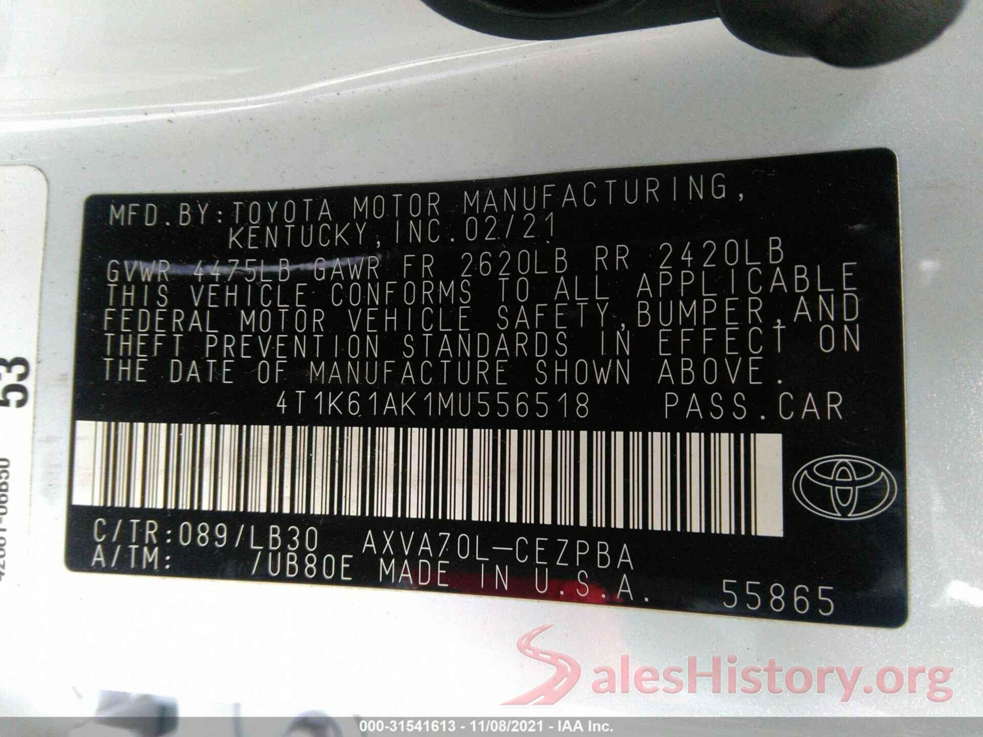 4T1K61AK1MU556518 2021 TOYOTA CAMRY