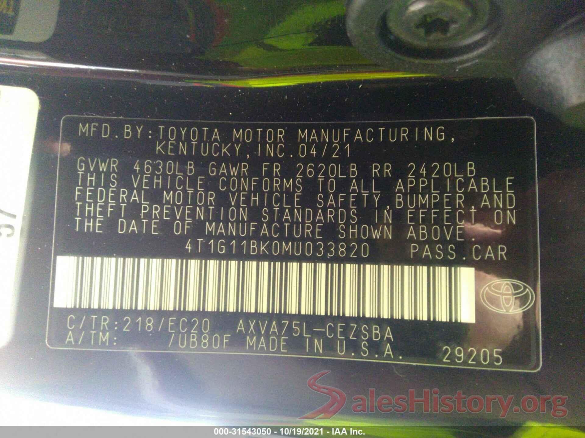 4T1G11BK0MU033820 2021 TOYOTA CAMRY