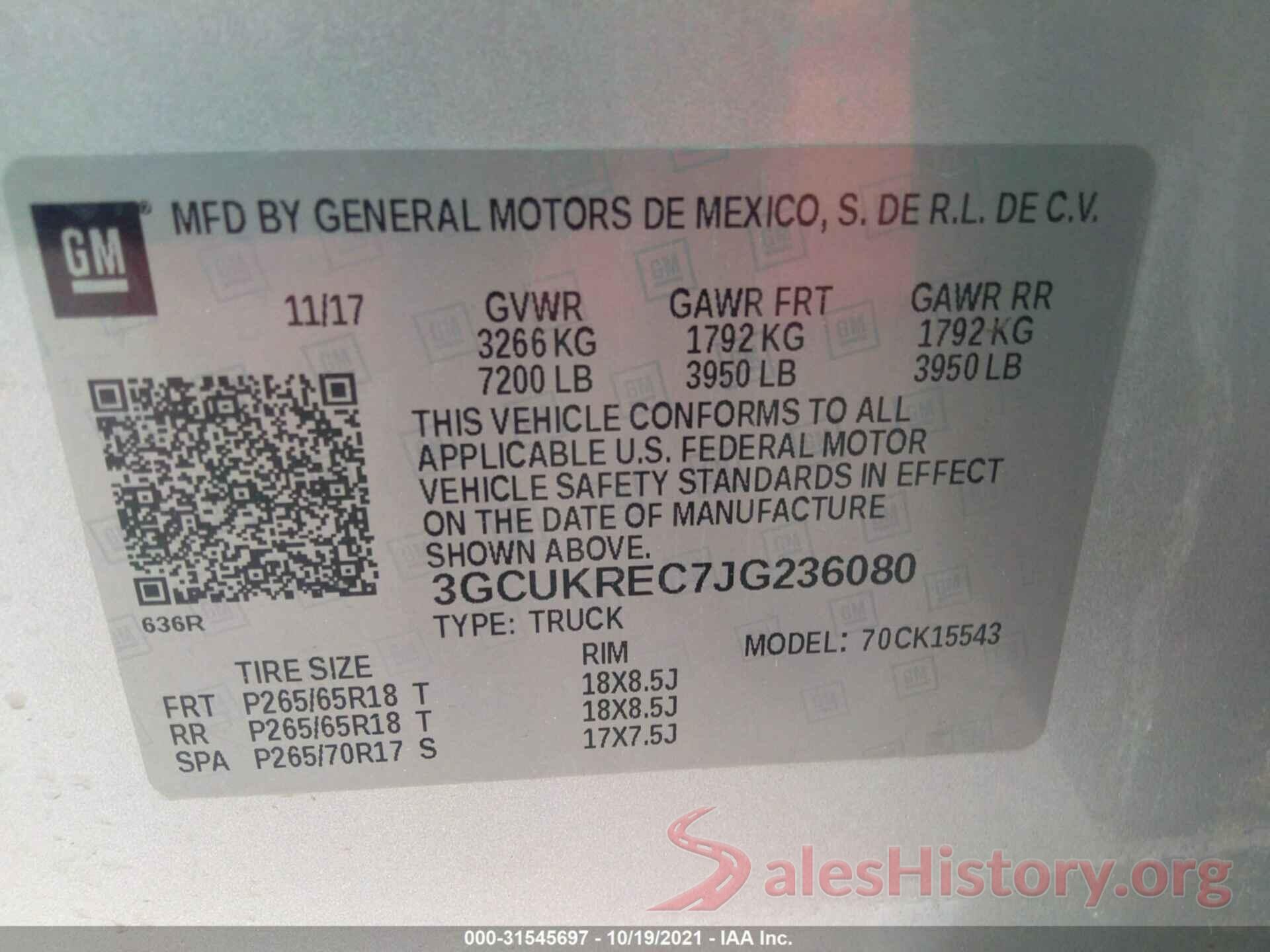 3GCUKREC7JG236080 2018 CHEVROLET SILVERADO 1500