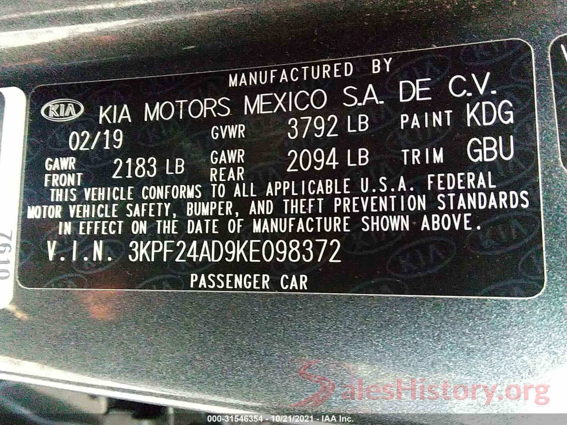 3KPF24AD9KE098372 2019 KIA FORTE