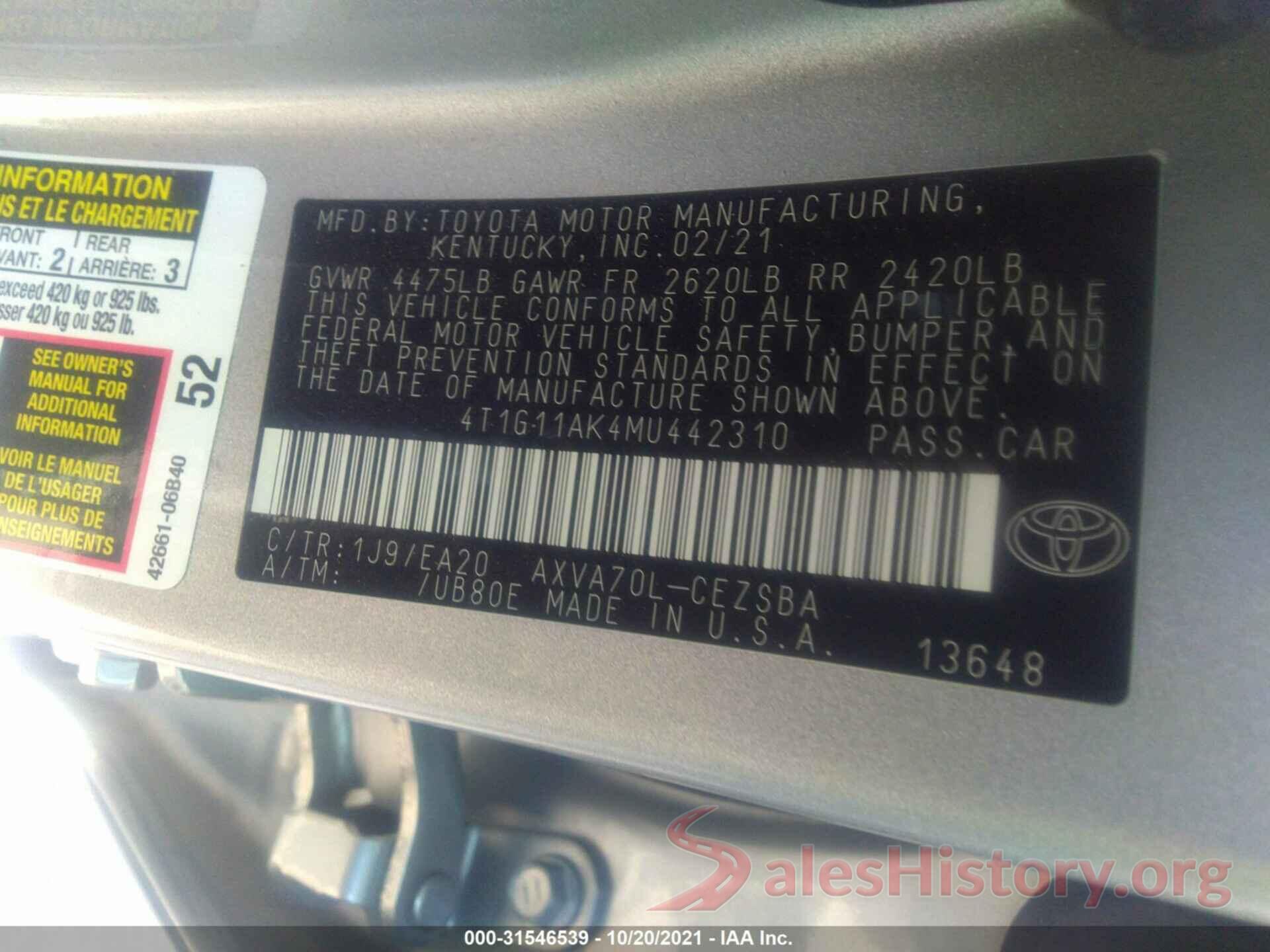 4T1G11AK4MU442310 2021 TOYOTA CAMRY