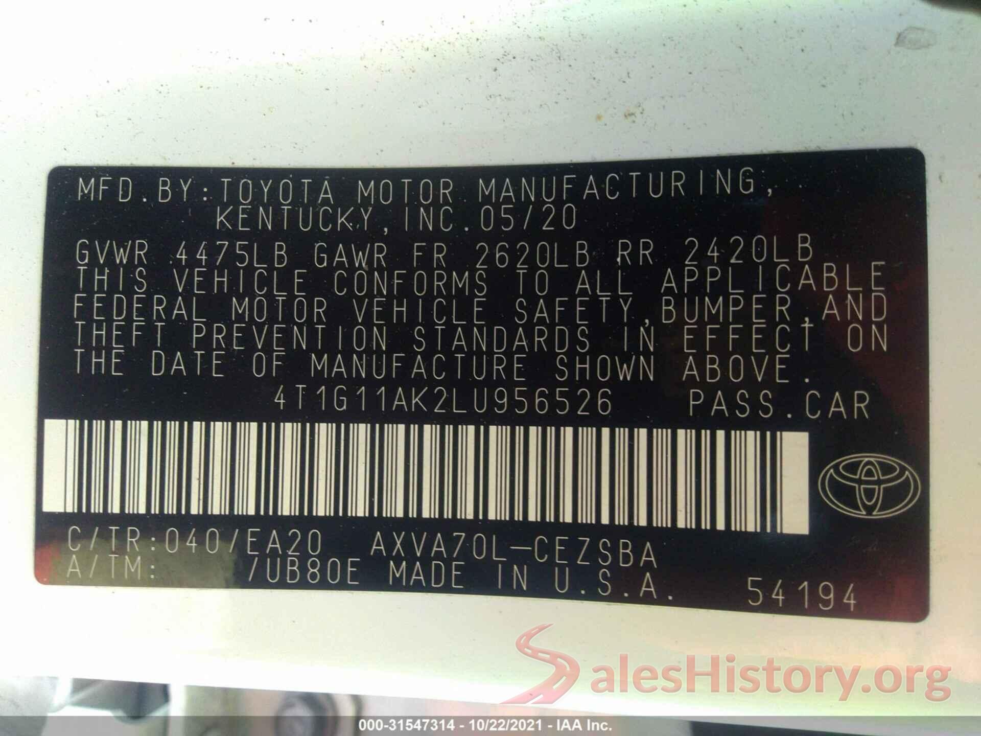 4T1G11AK2LU956526 2020 TOYOTA CAMRY