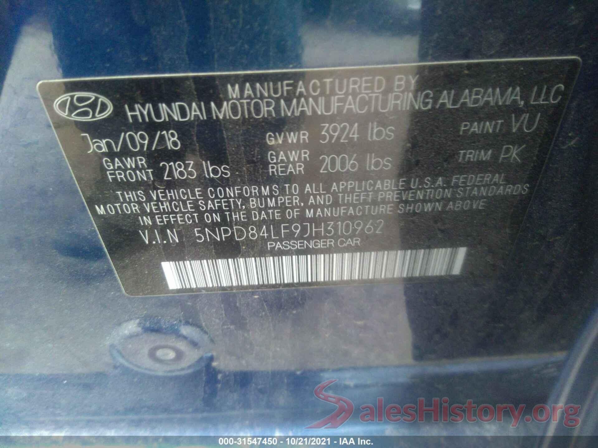 5NPD84LF9JH310962 2018 HYUNDAI ELANTRA