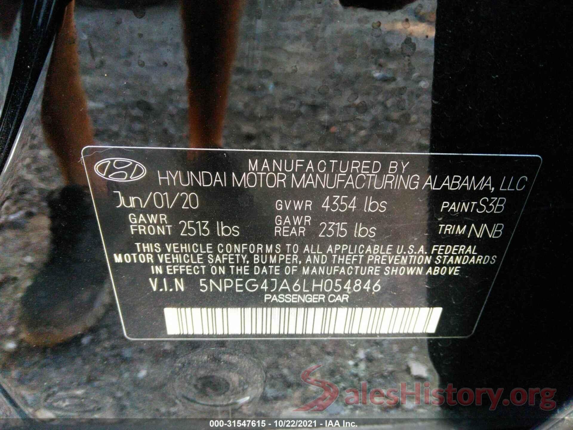 5NPEG4JA6LH054846 2020 HYUNDAI SONATA