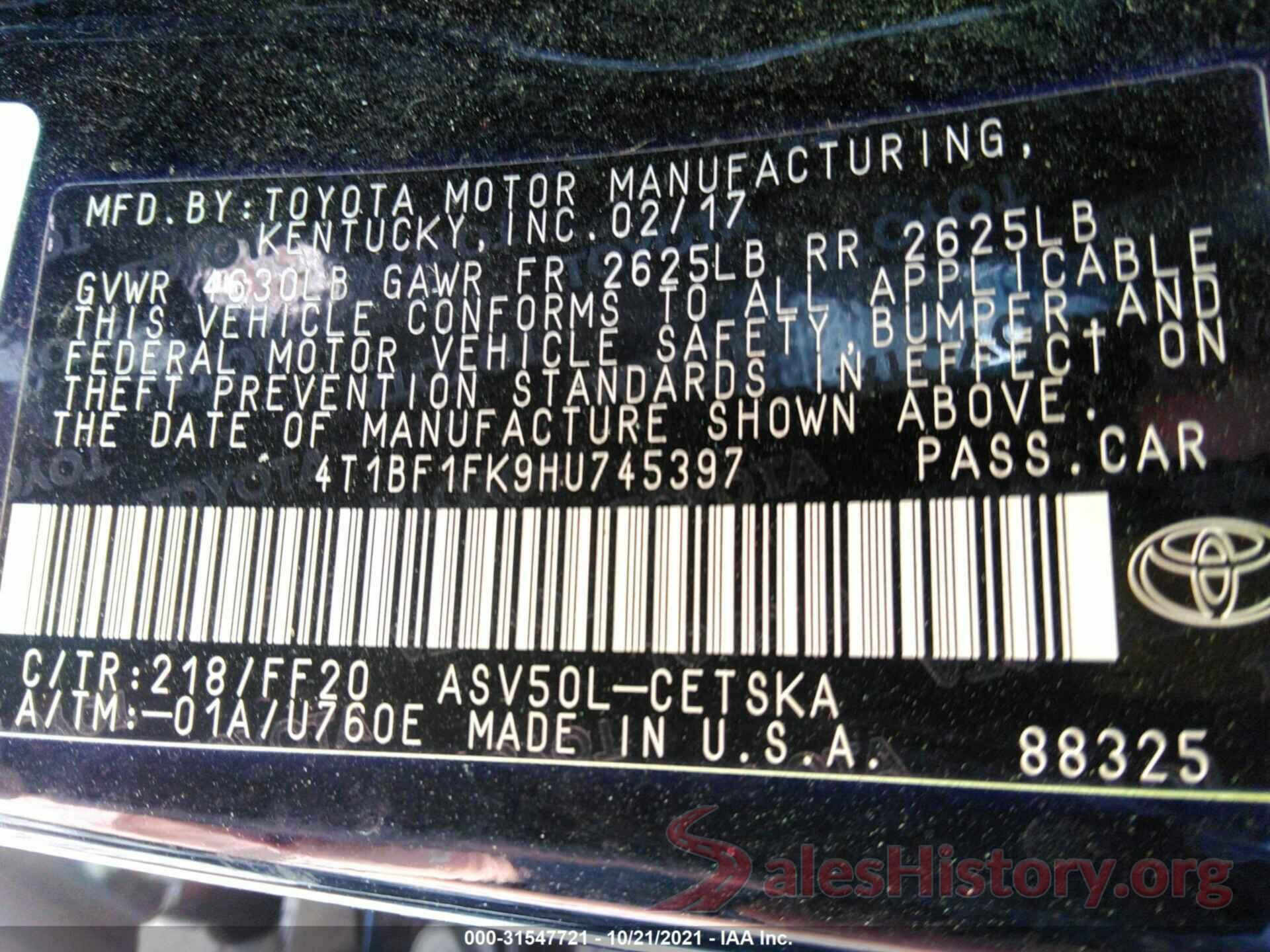 4T1BF1FK9HU745397 2017 TOYOTA CAMRY