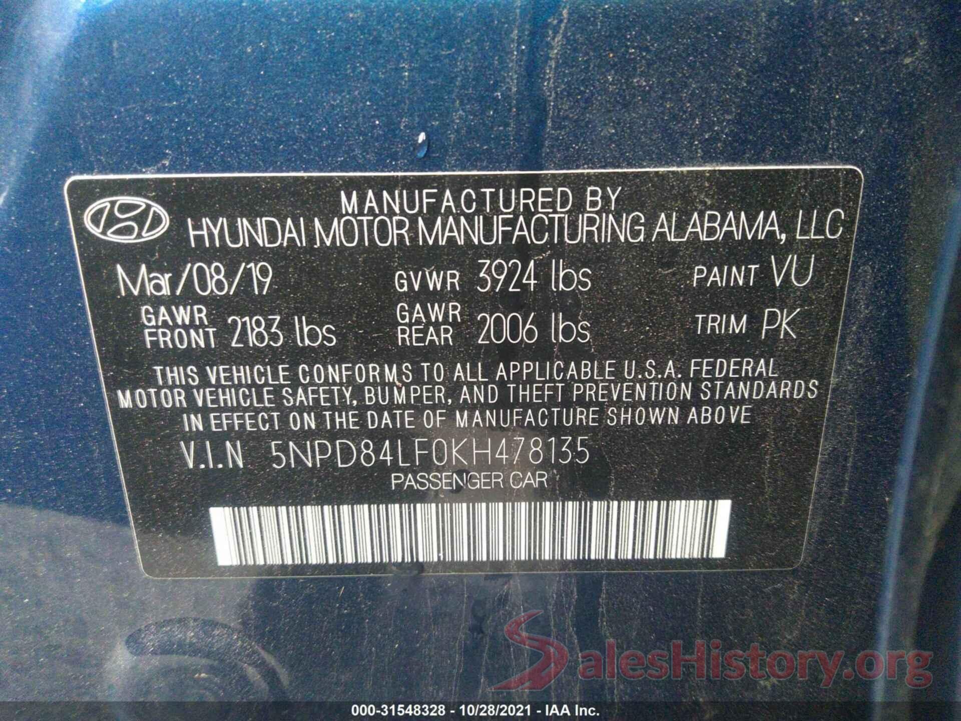 5NPD84LF0KH478135 2019 HYUNDAI ELANTRA