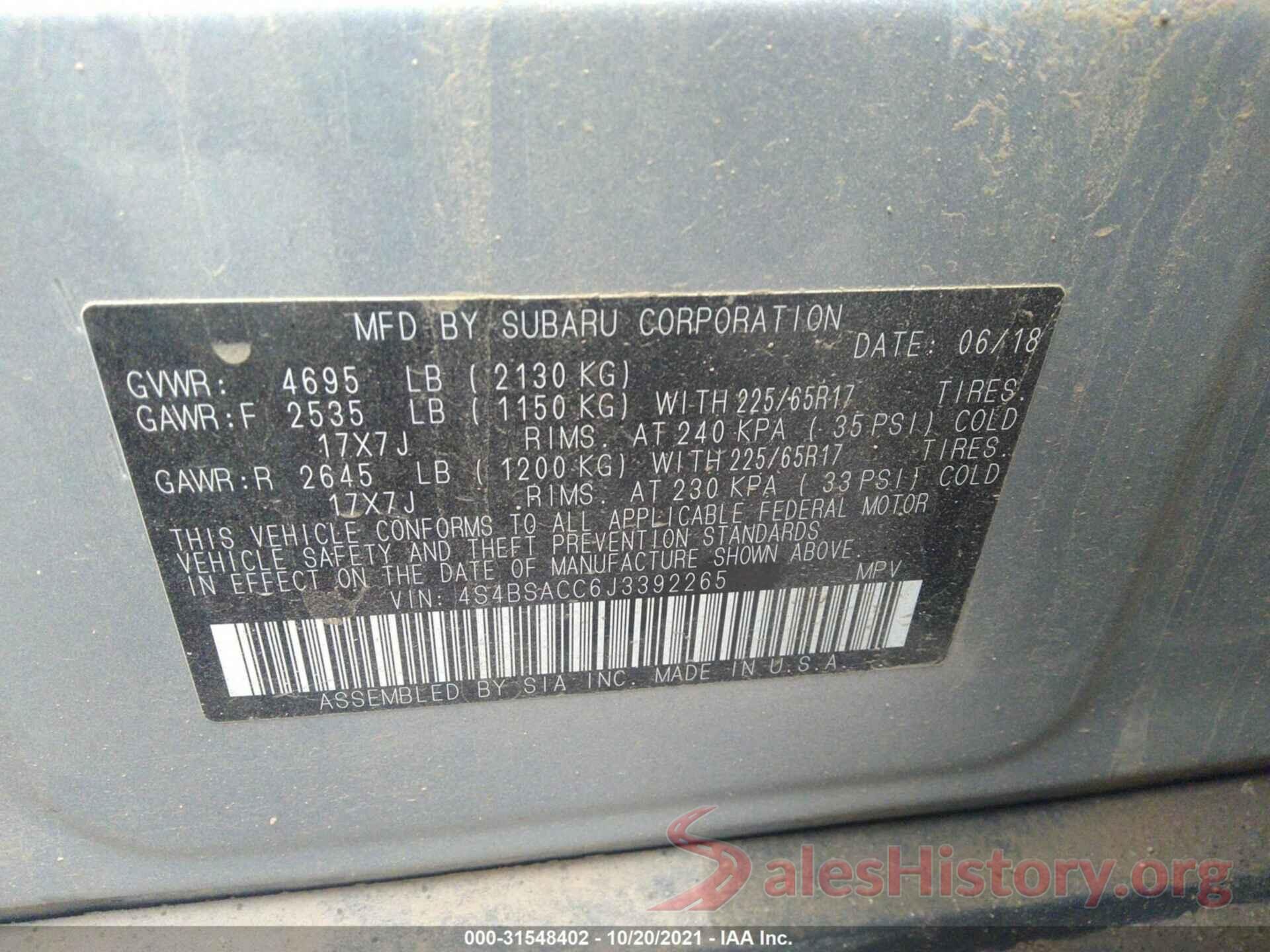 4S4BSACC6J3392265 2018 SUBARU OUTBACK