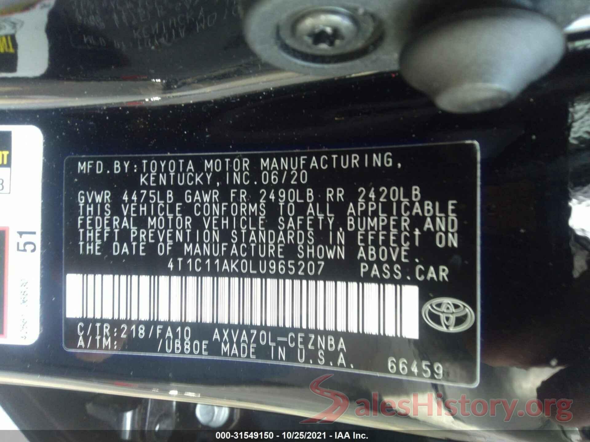 4T1C11AK0LU965207 2020 TOYOTA CAMRY