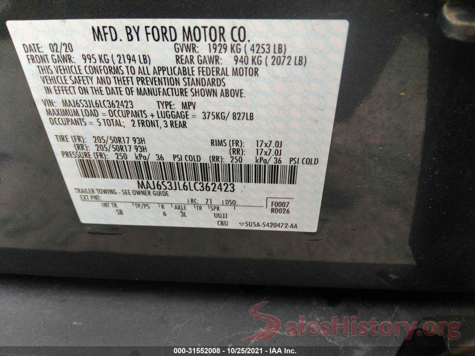 MAJ6S3JL6LC362423 2020 FORD ECOSPORT