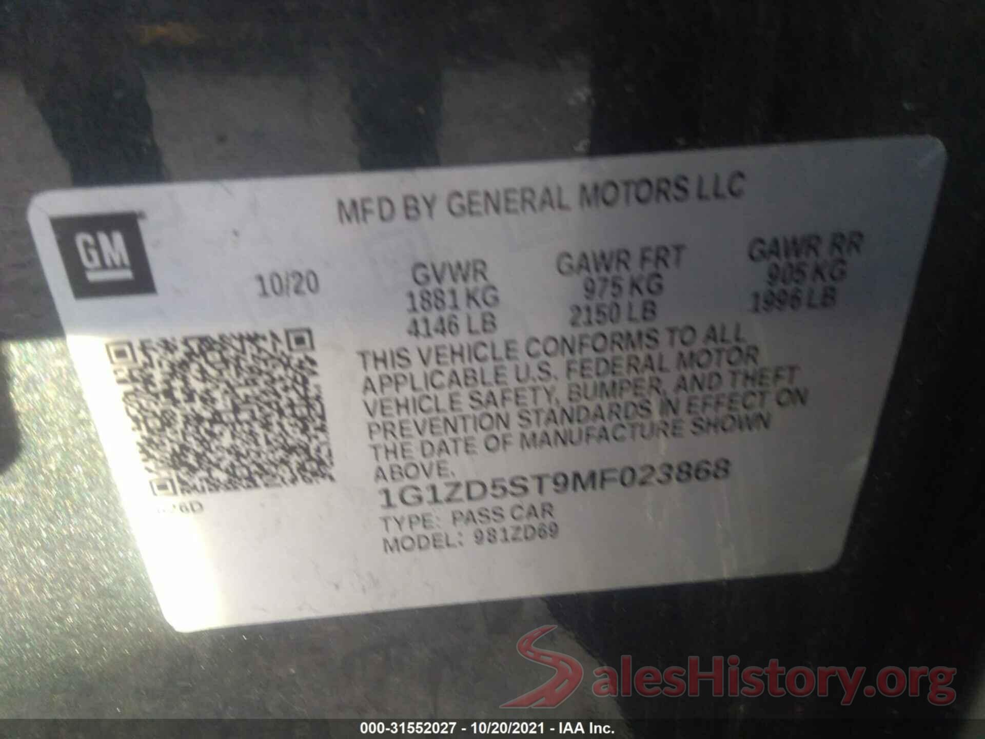 1G1ZD5ST9MF023868 2021 CHEVROLET MALIBU