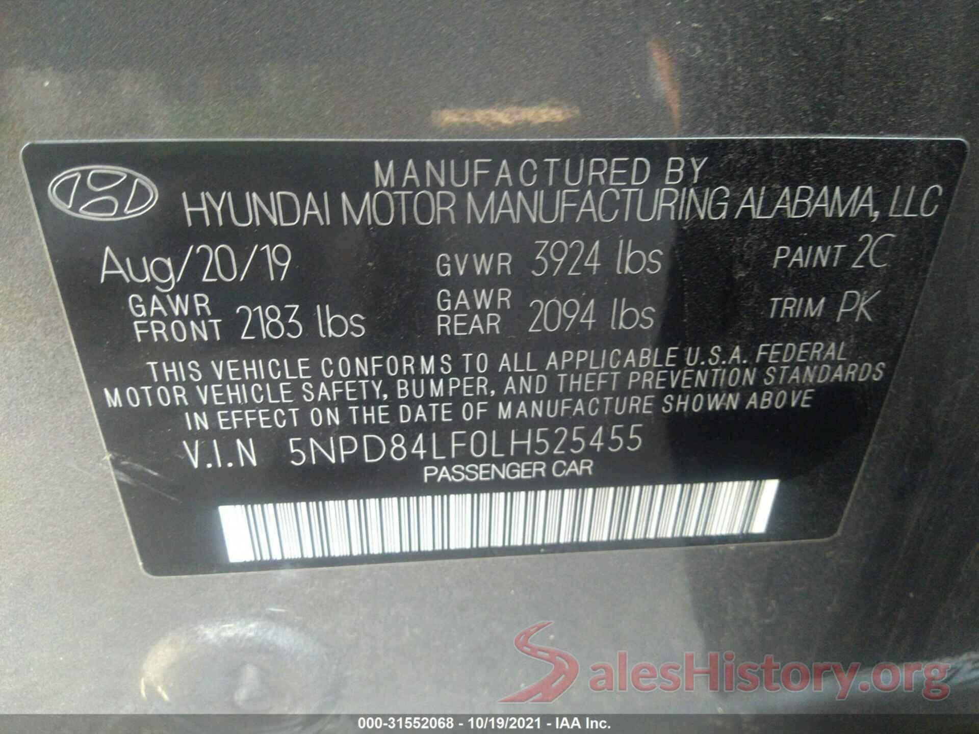 5NPD84LF0LH525455 2020 HYUNDAI ELANTRA