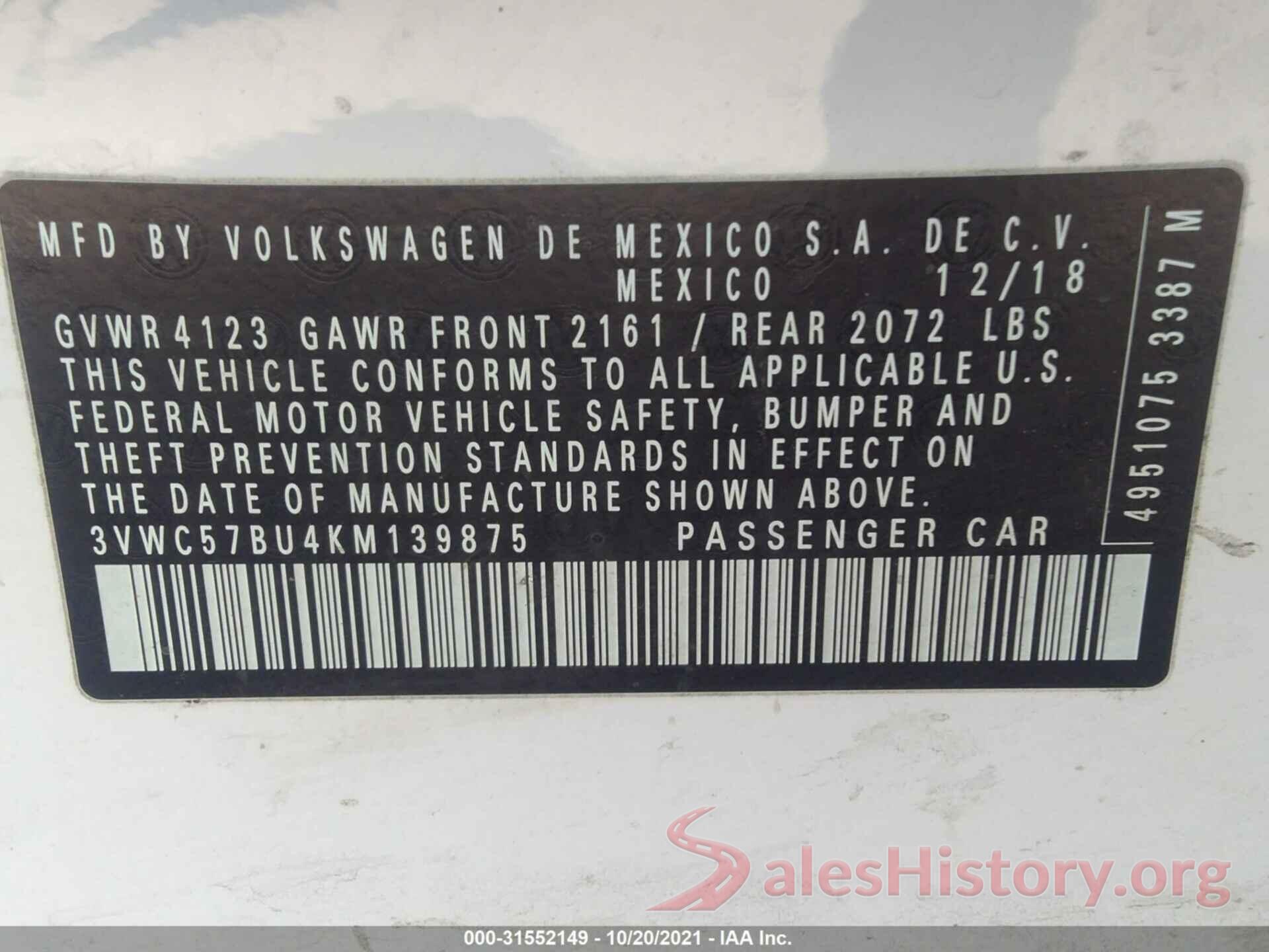 3VWC57BU4KM139875 2019 VOLKSWAGEN JETTA