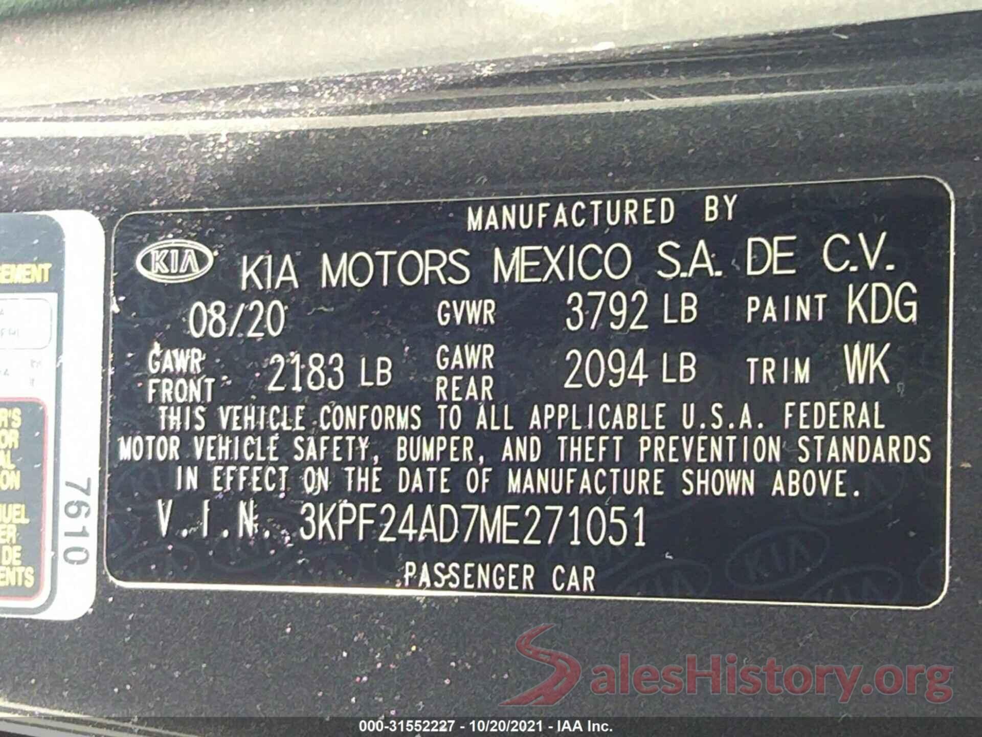 3KPF24AD7ME271051 2021 KIA FORTE