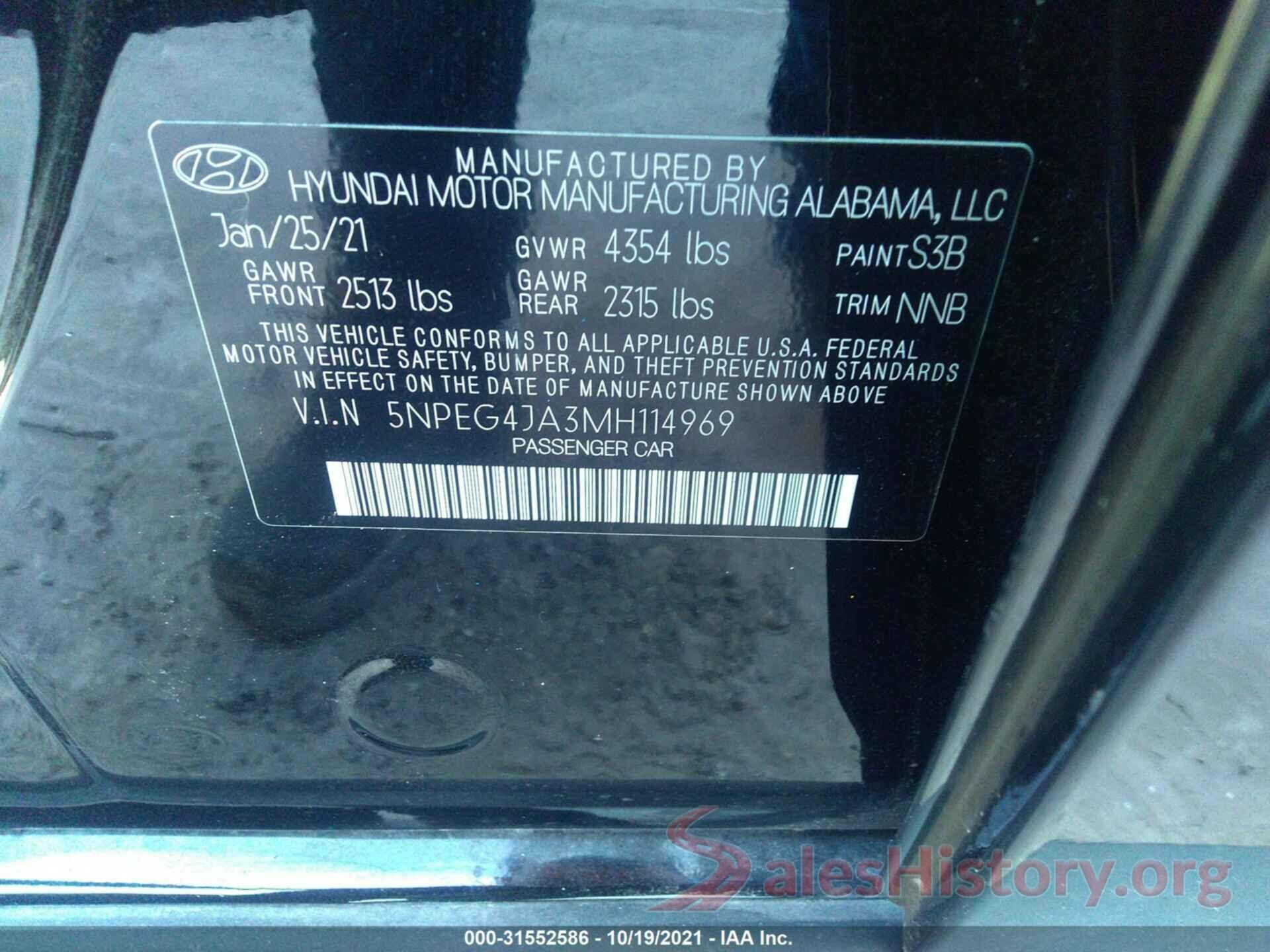 5NPEG4JA3MH114969 2021 HYUNDAI SONATA