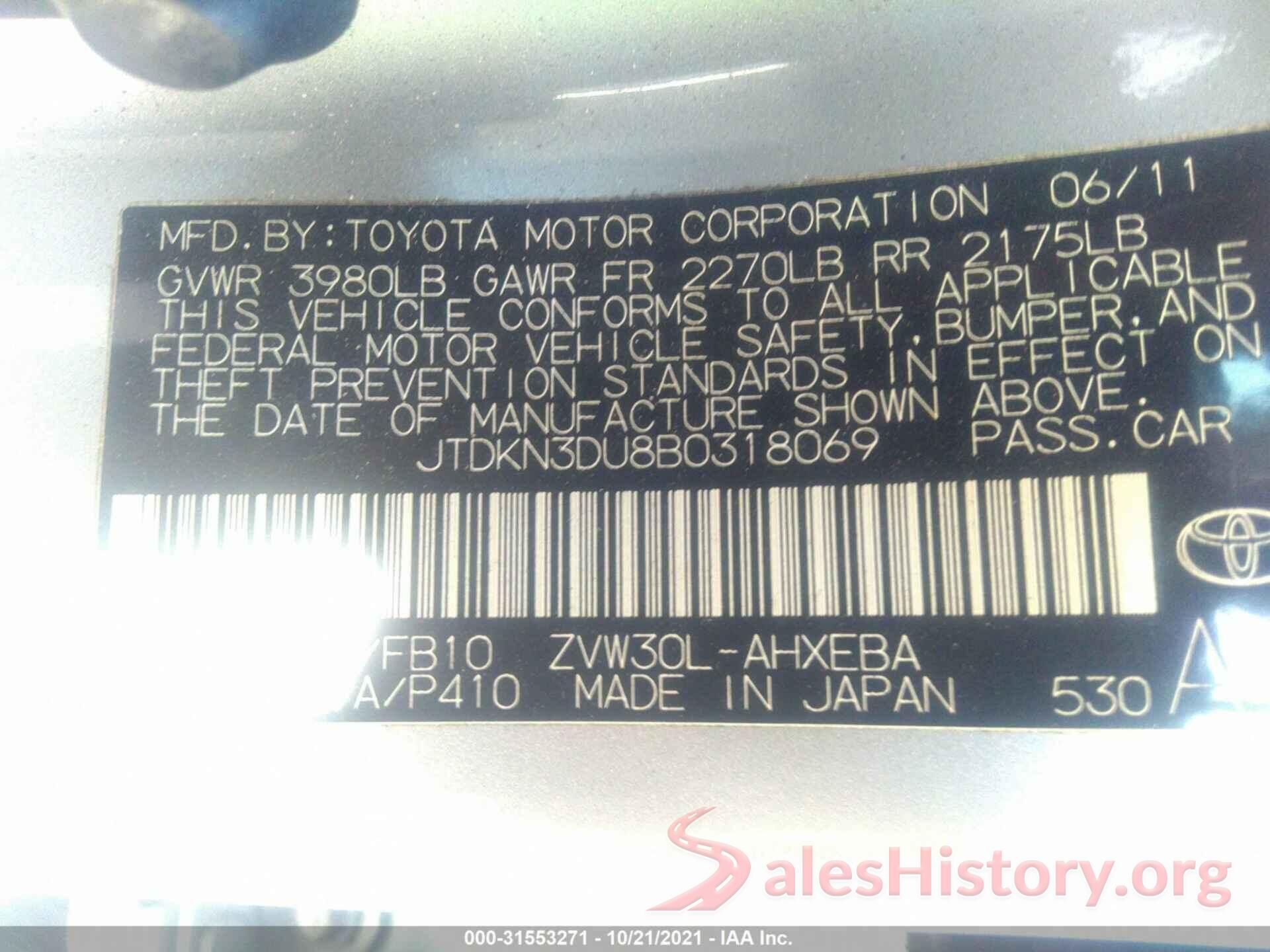 JTDKN3DU8B0318069 2011 TOYOTA PRIUS