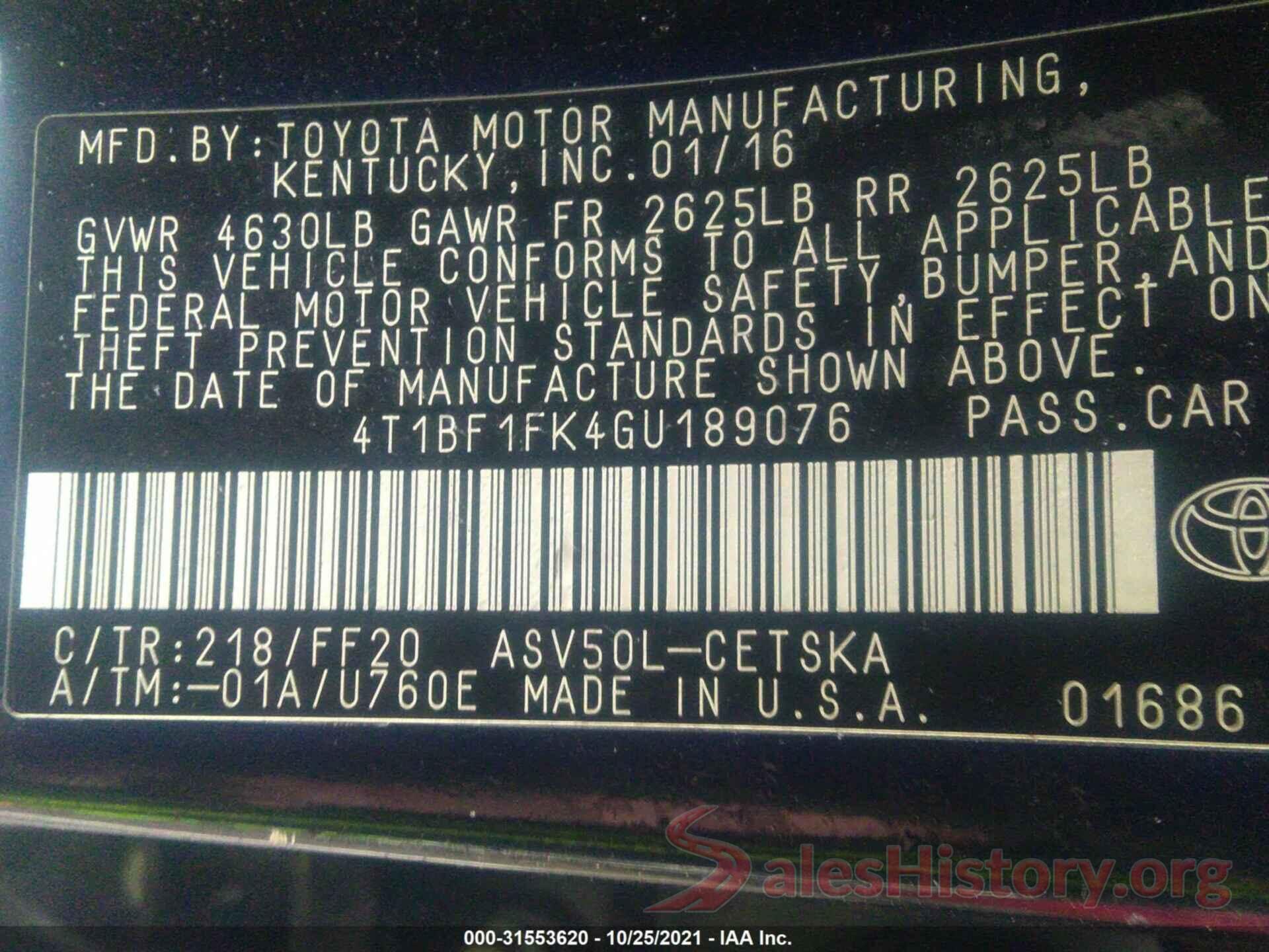 4T1BF1FK4GU189076 2016 TOYOTA CAMRY