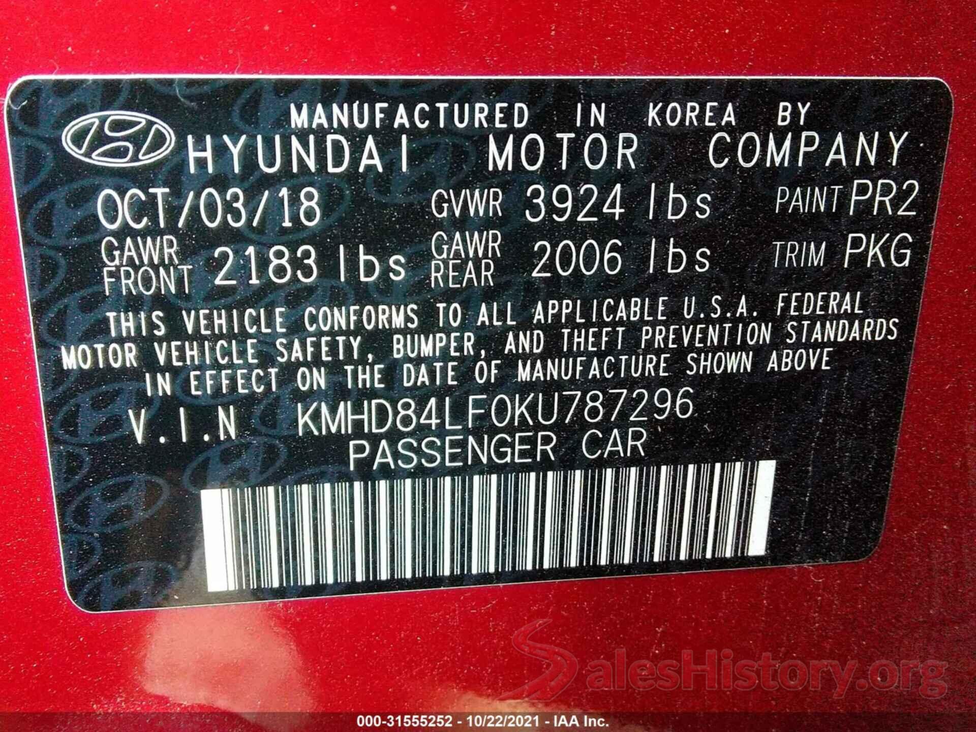 KMHD84LF0KU787296 2019 HYUNDAI ELANTRA